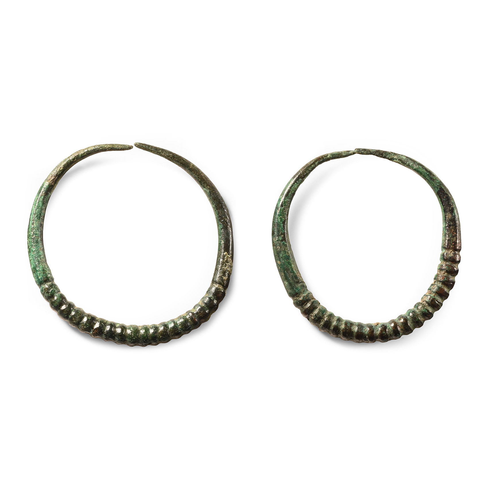 Western Asiatic Bronze Ribbed Earring Pair