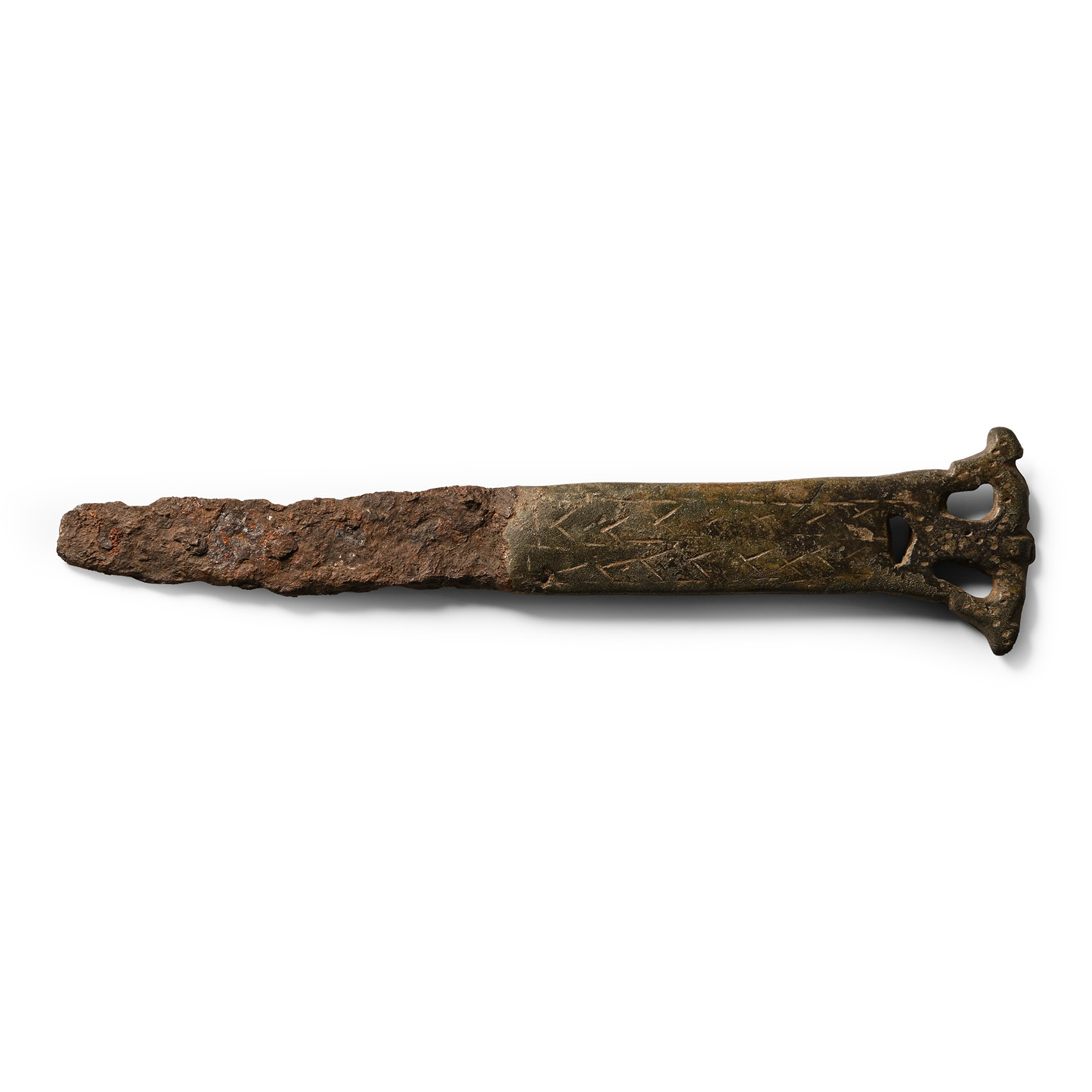 Roman Iron Knife with Bronze Decorated Handle