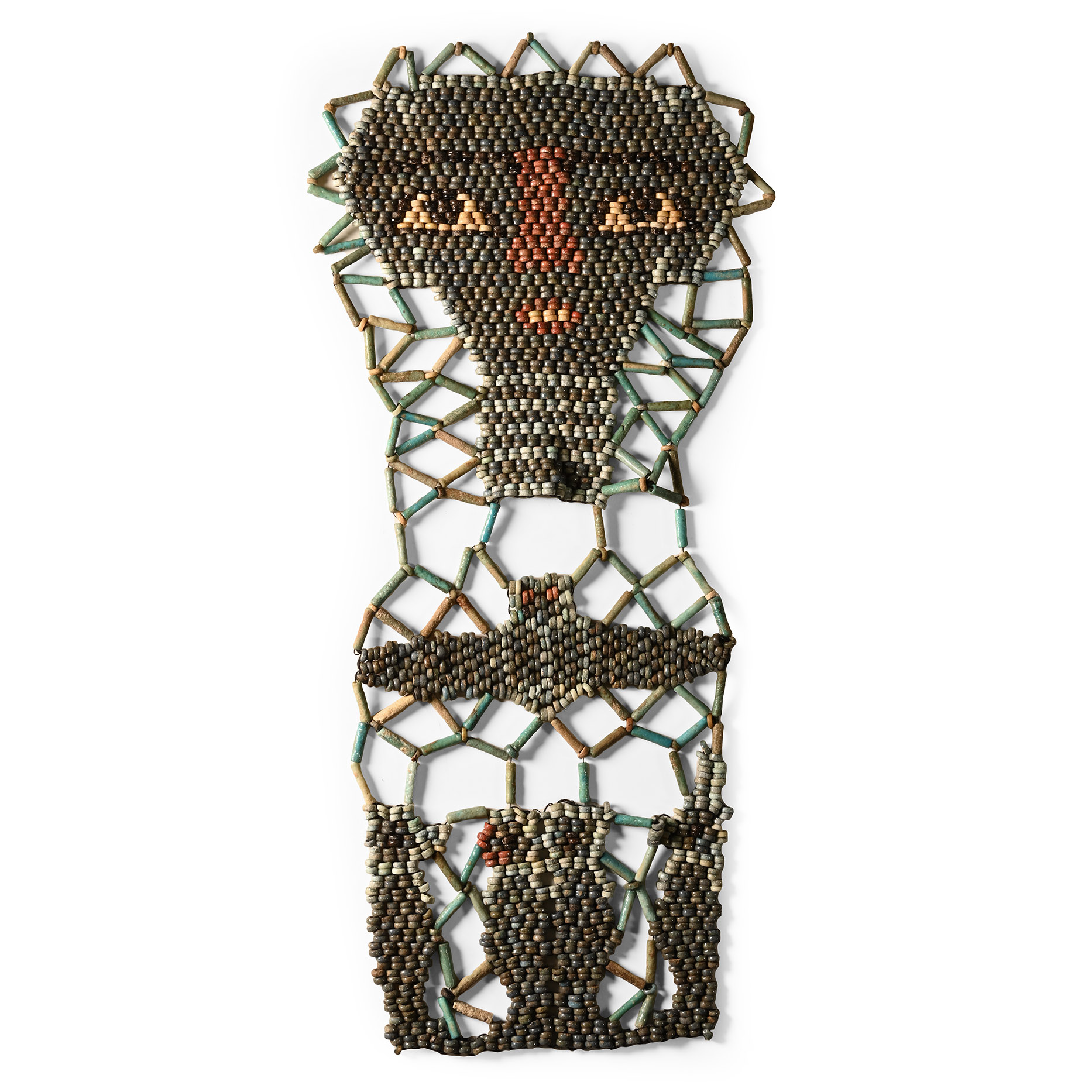 Egyptian Faience Mummy Bead Mask with Scarab and Four Sons of Horus