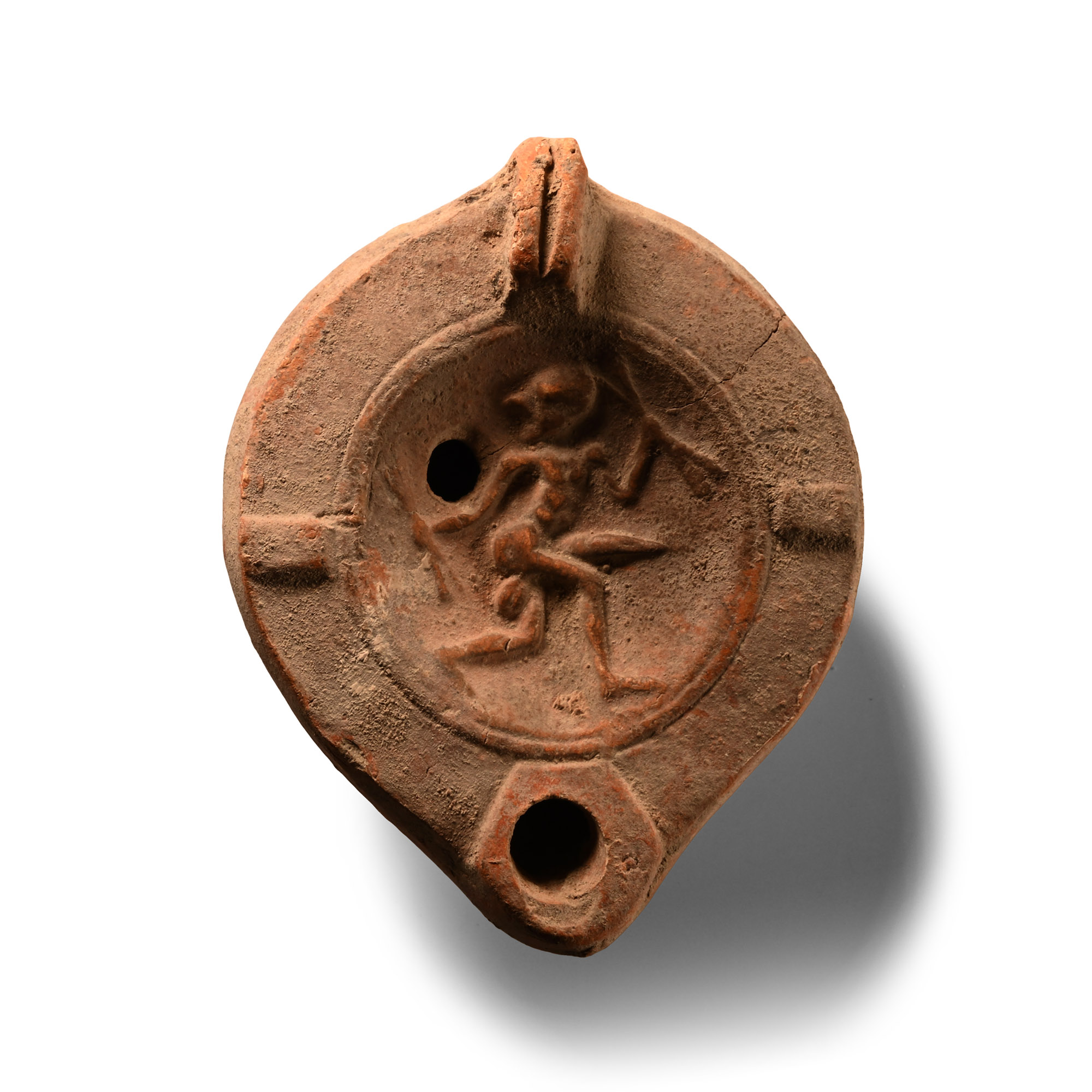 Roman Terracotta Oil Lamp with Ithyphallic Entertainer