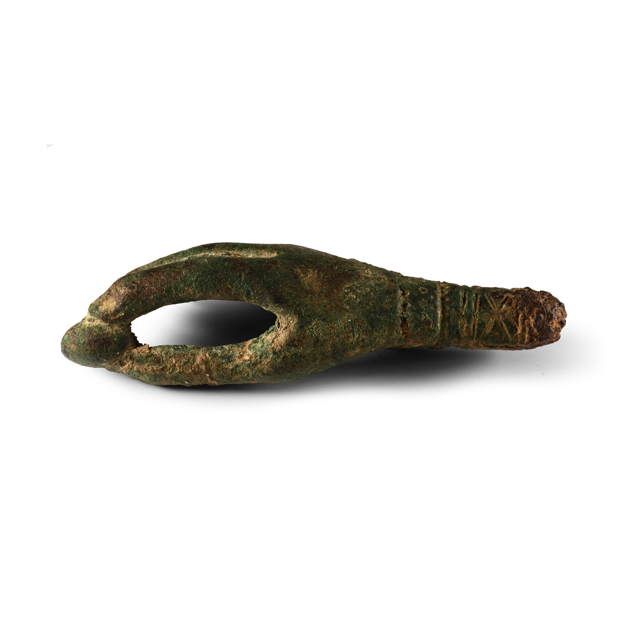 Roman Bronze Key Handle in the Shape of a Hand Holding Fruit