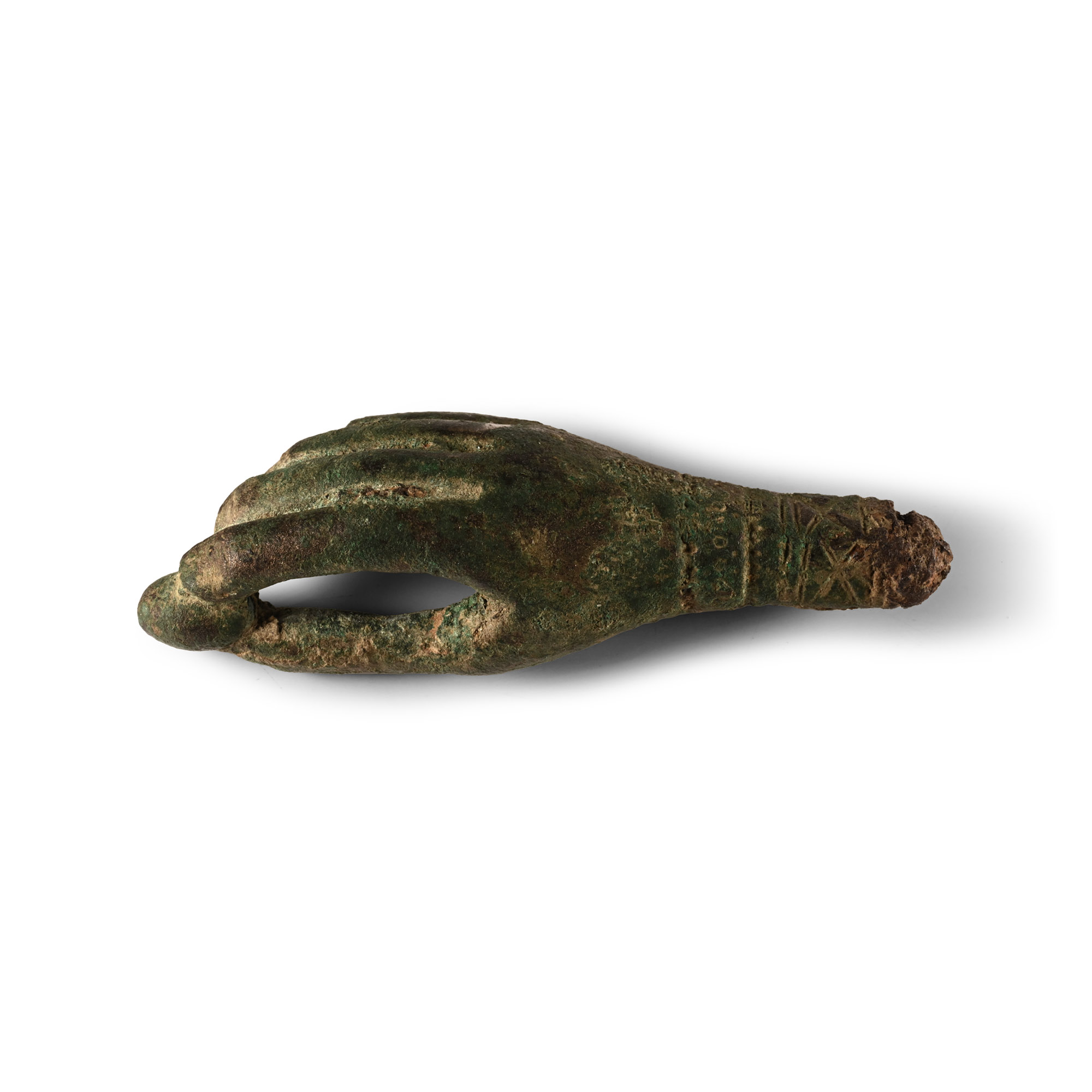 Roman Bronze Key Handle in the Shape of a Hand Holding Fruit