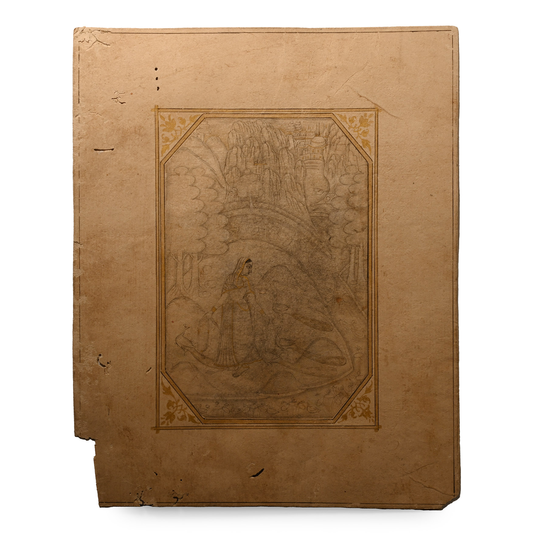 Mughal Drawing of a Princess with Peacocks