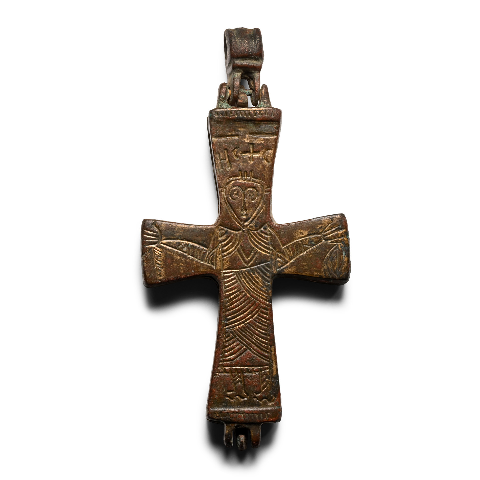 Byzantine Bronze Reliquary Cross Pendant