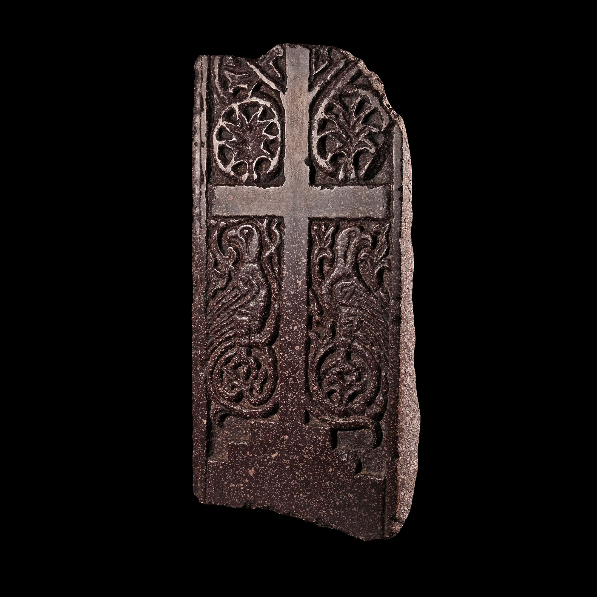 Byzantine Porphyry Relief with Cross Surrounded by Two Birds