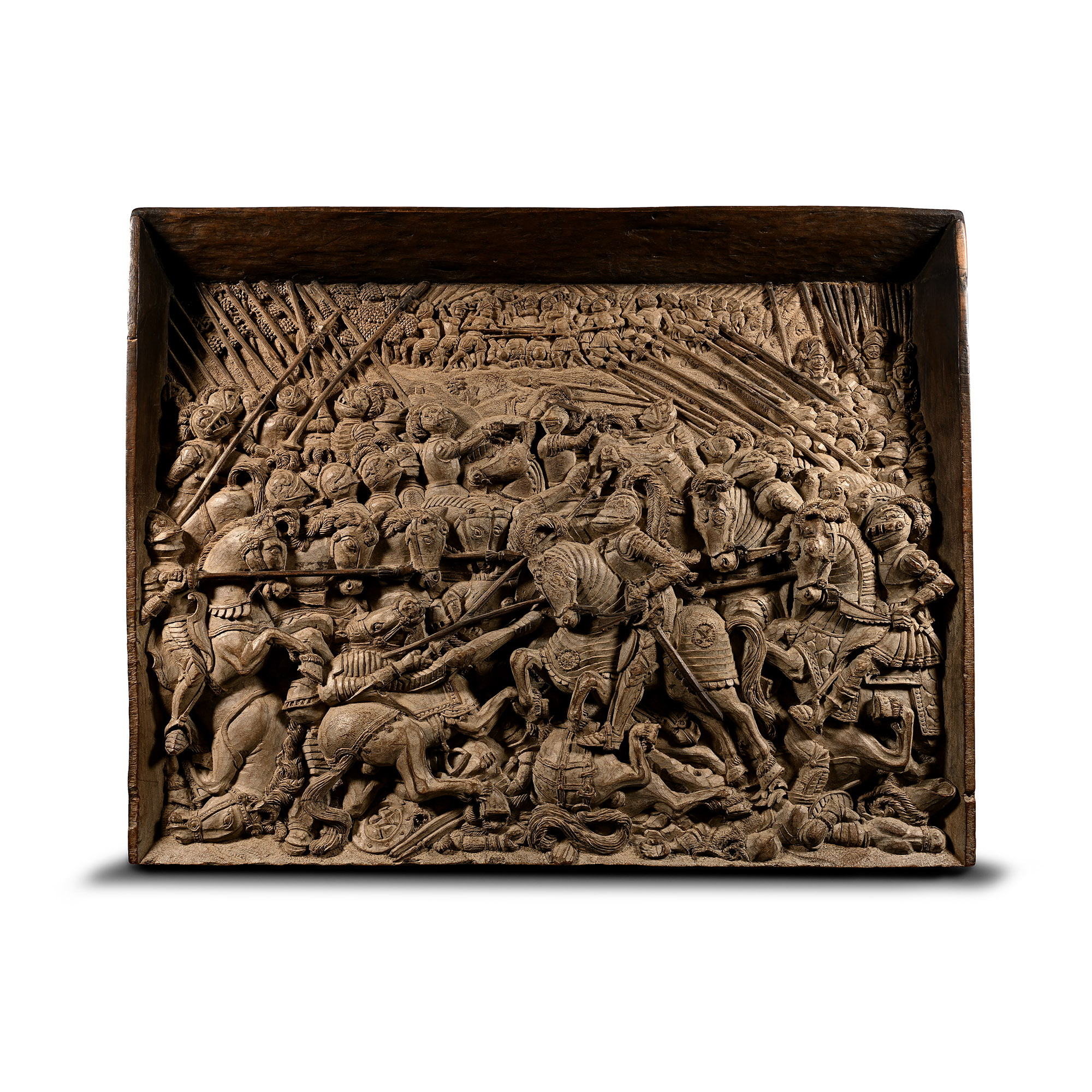 Post Medieval Walnut Relief Panel Depicting The Victory of Maximilian I and Henry VIII Over the French at The Battle of The Spurs