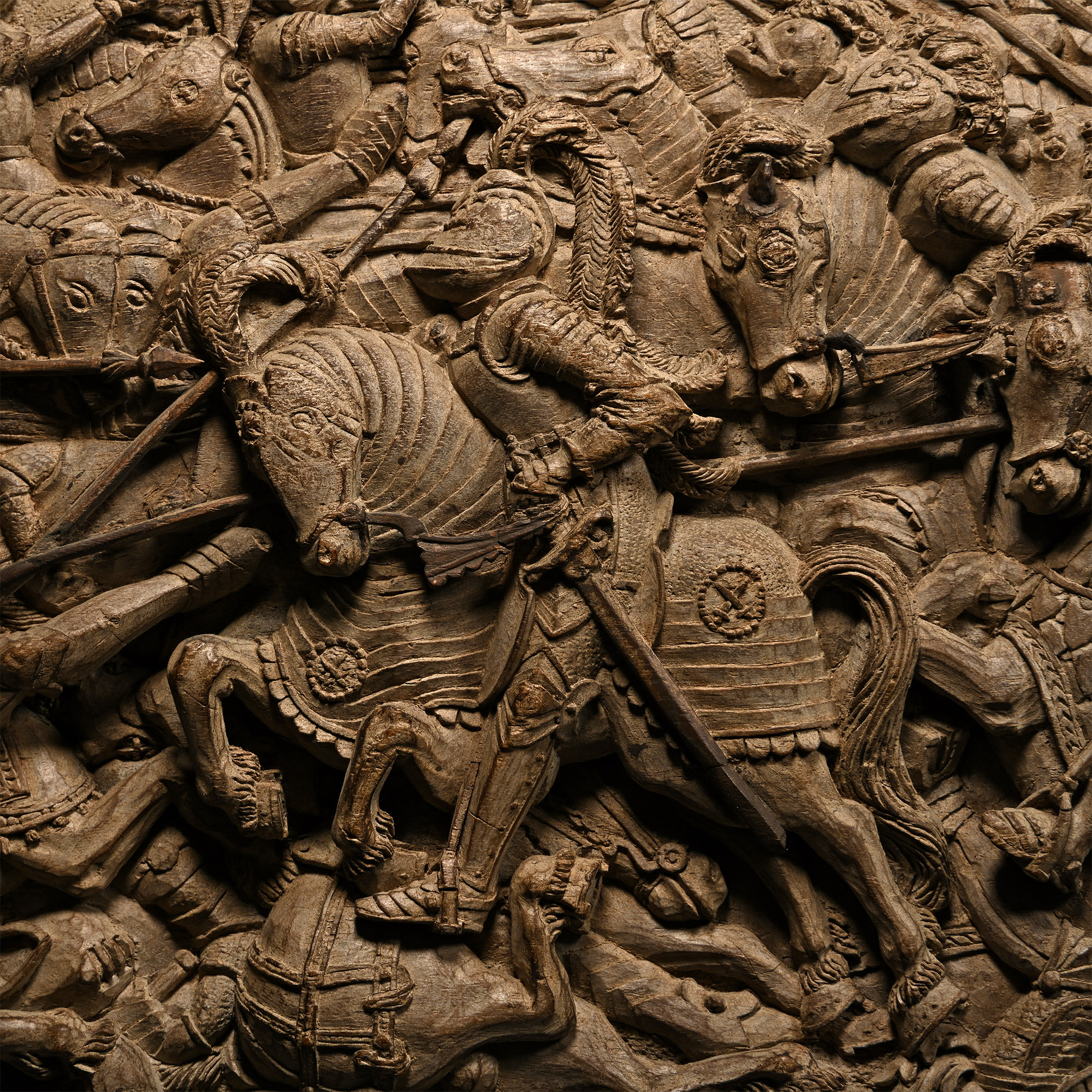 Post Medieval Walnut Relief Panel Depicting The Victory of Maximilian I and Henry VIII Over the French at The Battle of The Spurs