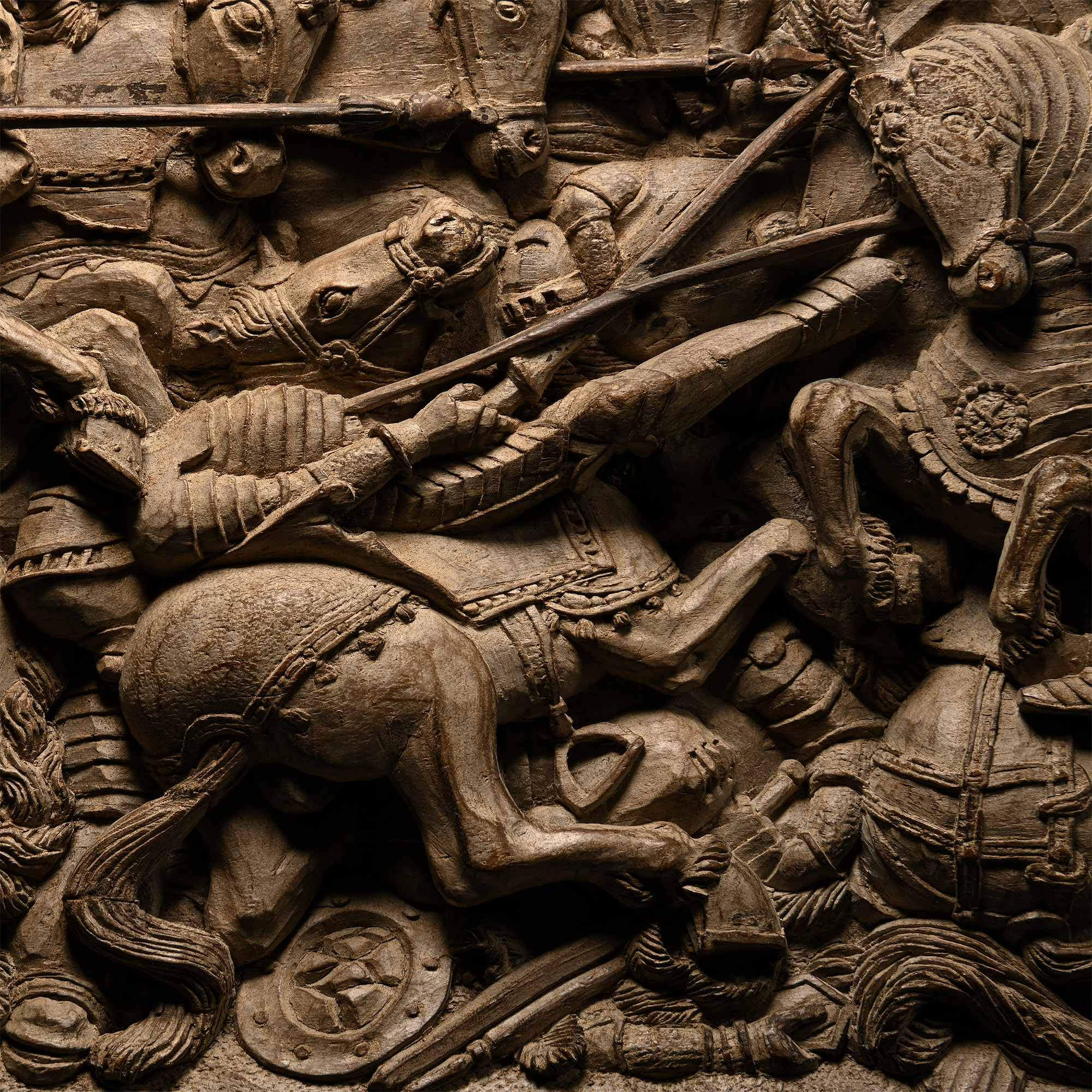 Post Medieval Walnut Relief Panel Depicting The Victory of Maximilian I and Henry VIII Over the French at The Battle of The Spurs
