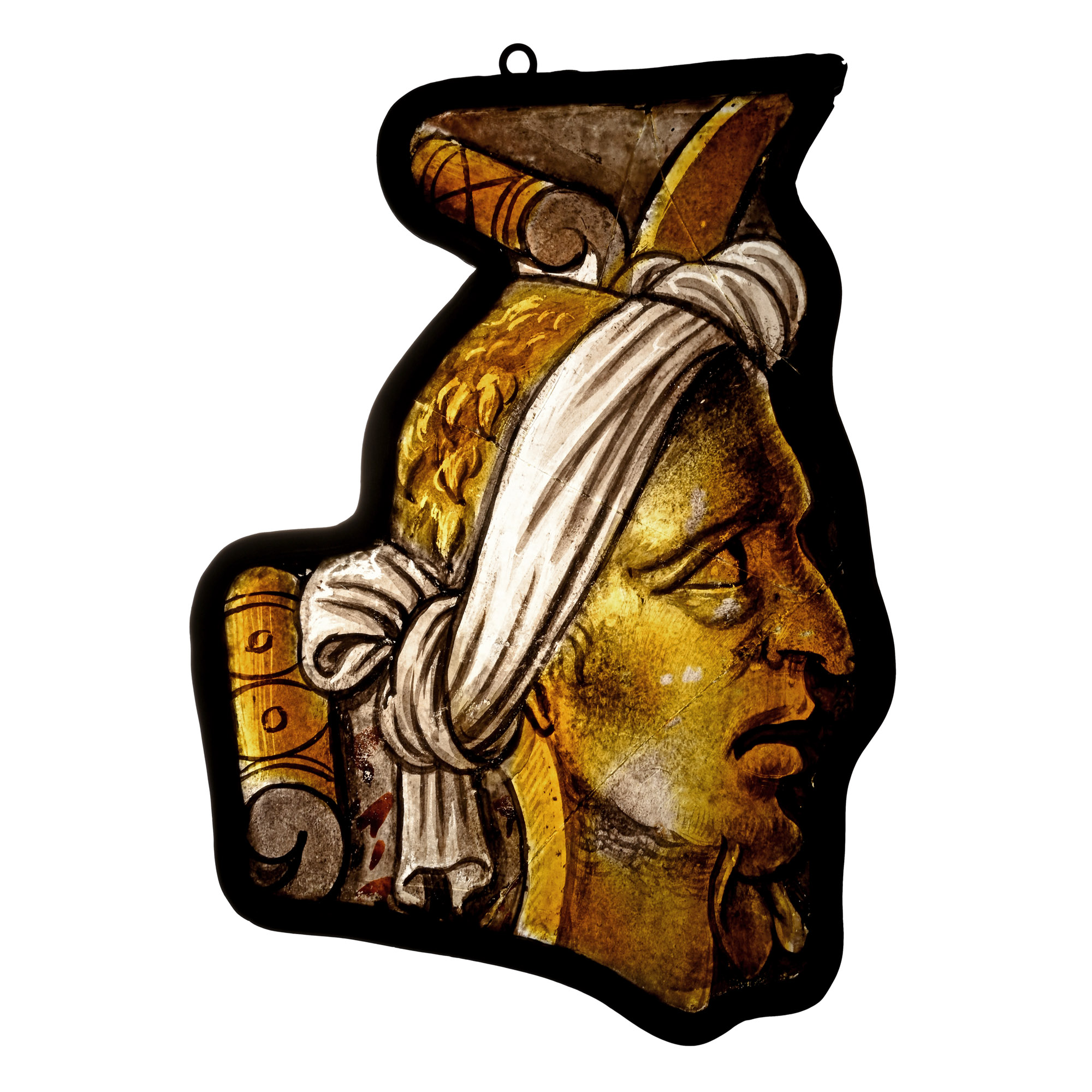 Renaissance Stained Glass Panel of a Grotesque Head in Profile