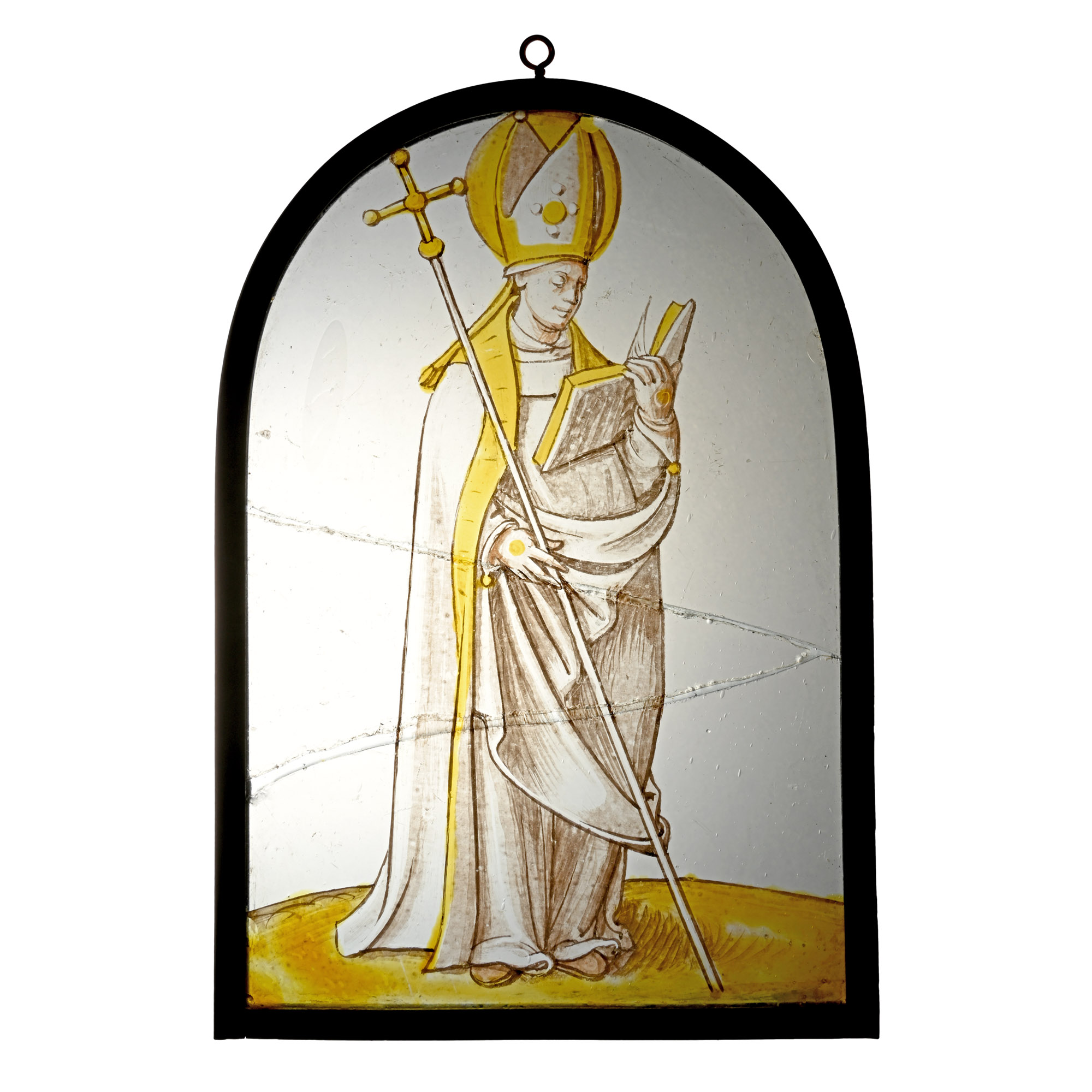 Renaissance Stained Glass Panel of a Bishop Saint Reading From the Bible