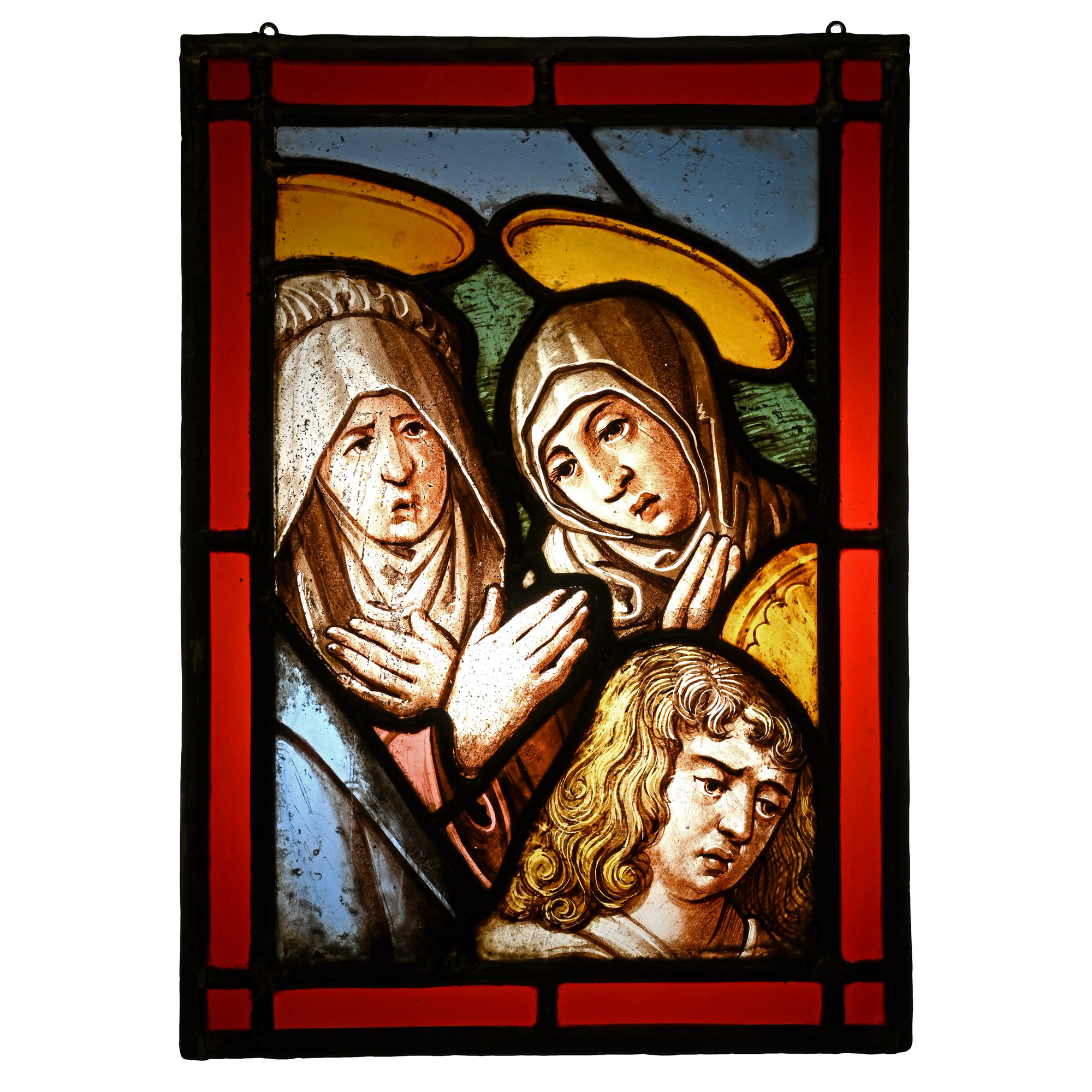Stained Glass Panel with Three Figures at the Base of the Crucifixion