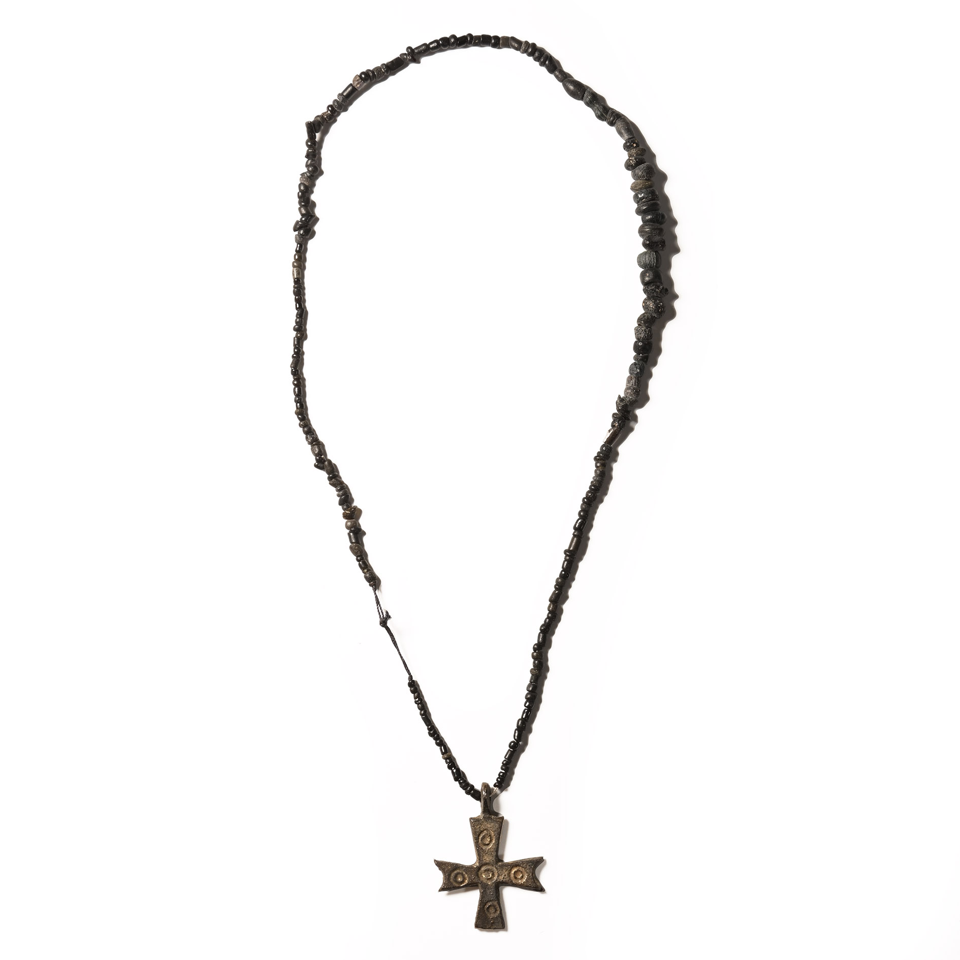 Byzantine Bronze Cross with Black Glass Beads