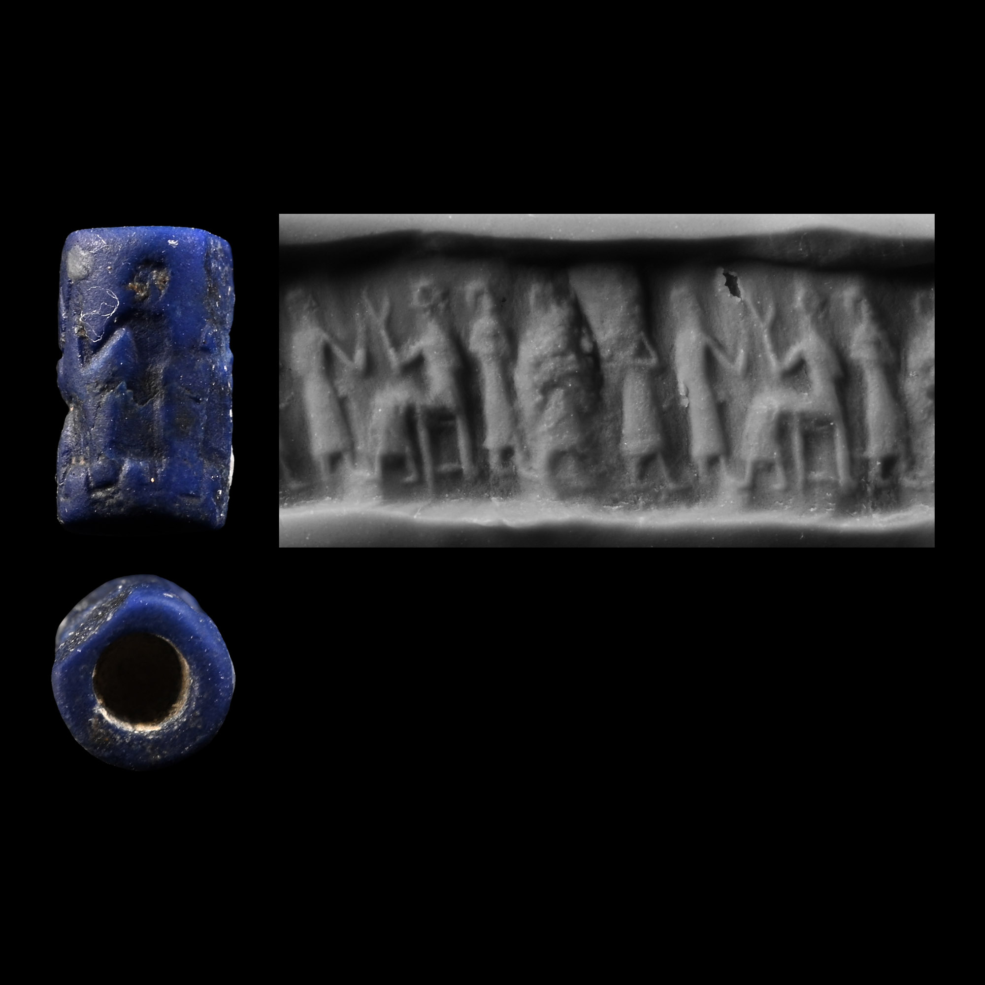 Miniature Old Babylonian Lapis Lazuli Cylinder Seal with Seated Gods