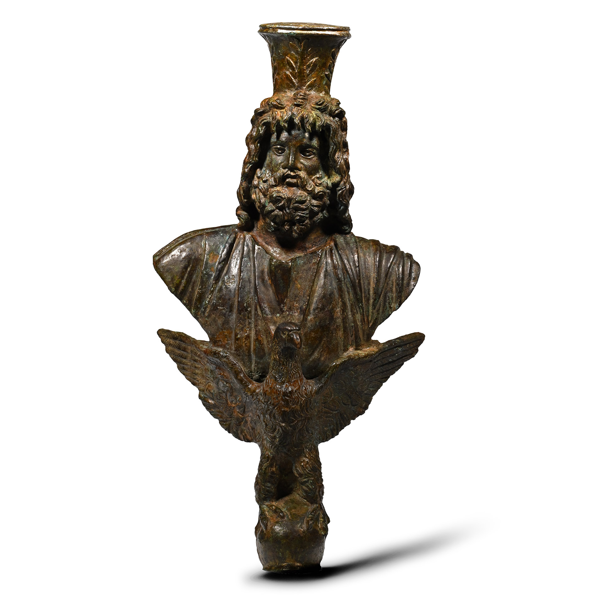 Large Roman Bronze Staff Finial with Bust of Serapis