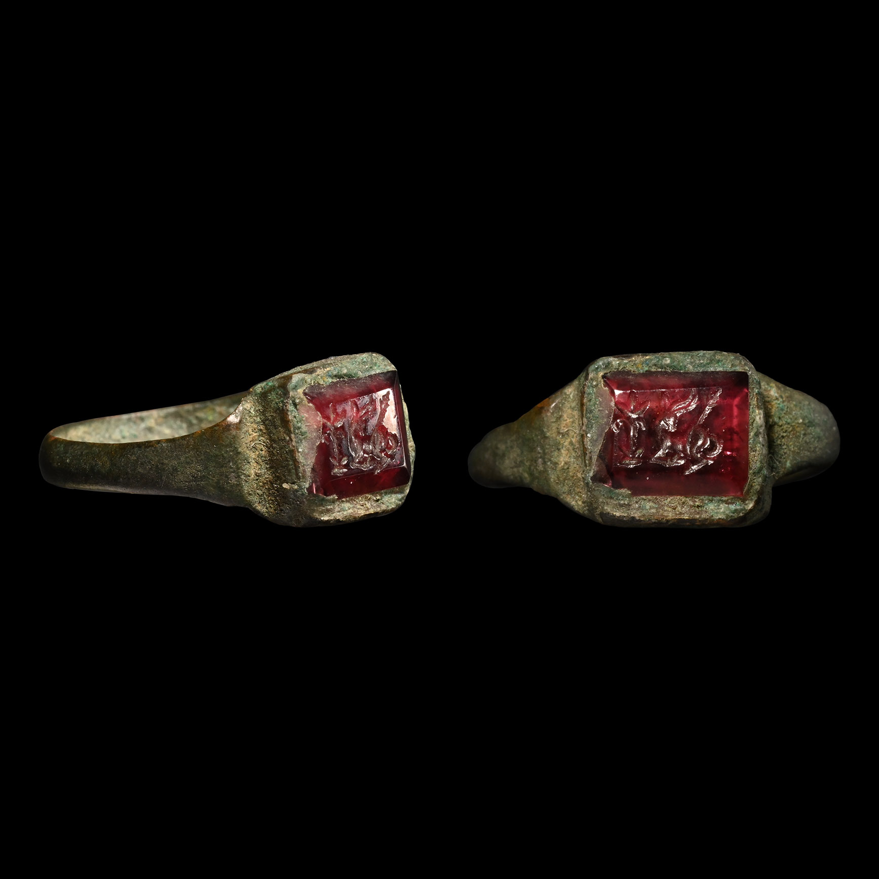 Roman Bronze Ring with Recumbent Deer Facing Back Gemstone