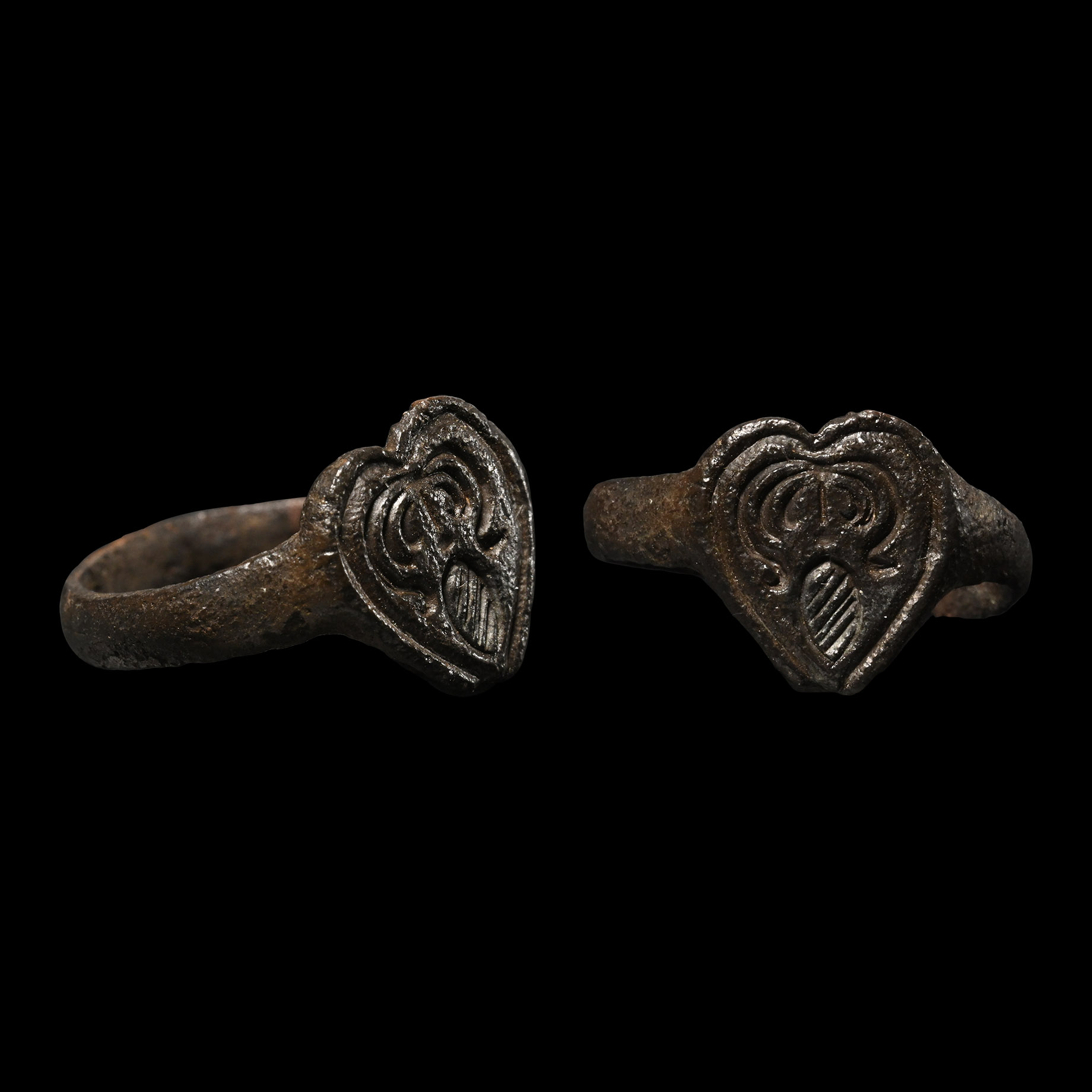 Post Medieval Bronze Heart-Shaped Ring with Pinecone