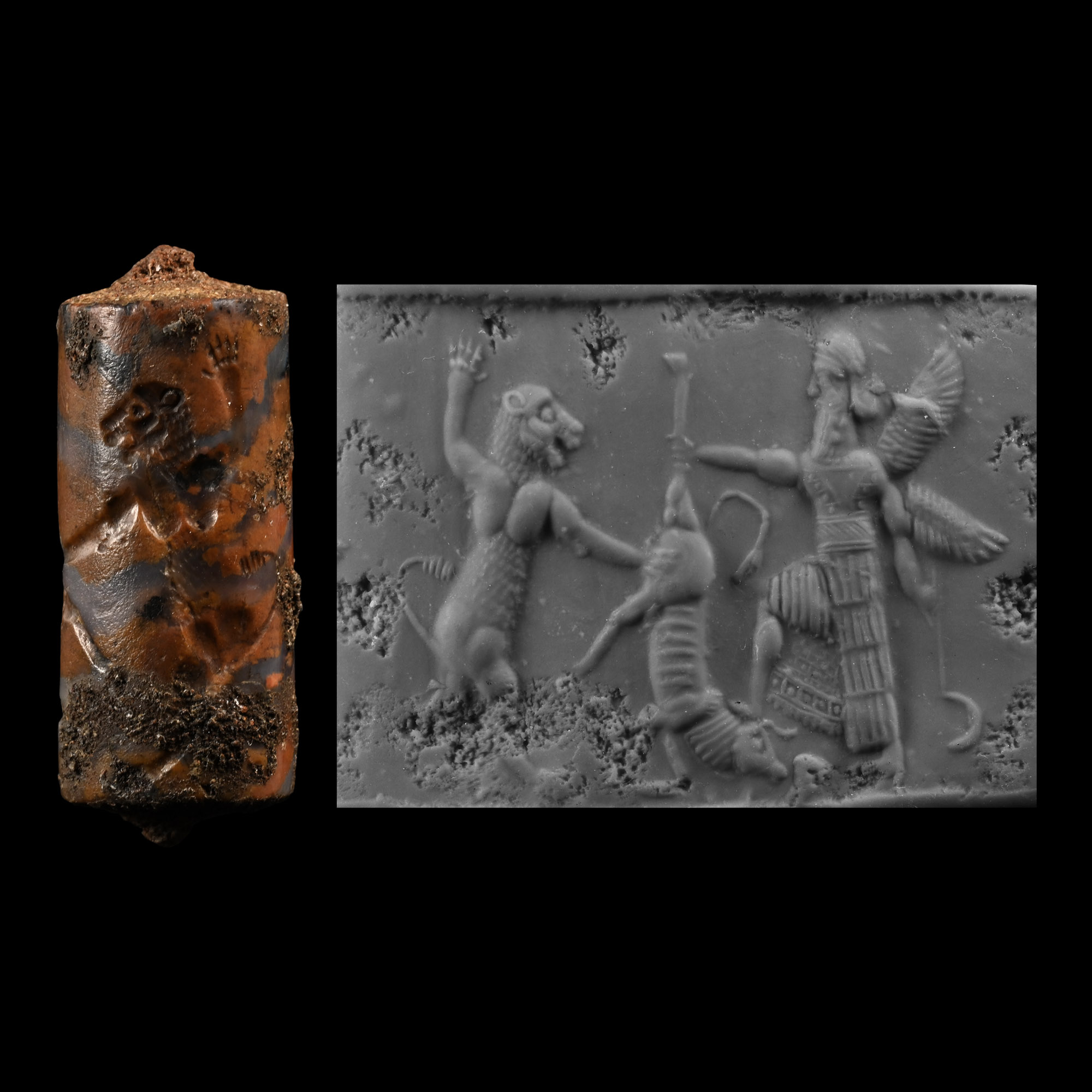 Neo-Babylonian Banded Agate Cylinder Seal with Bull-Man Contest Scene