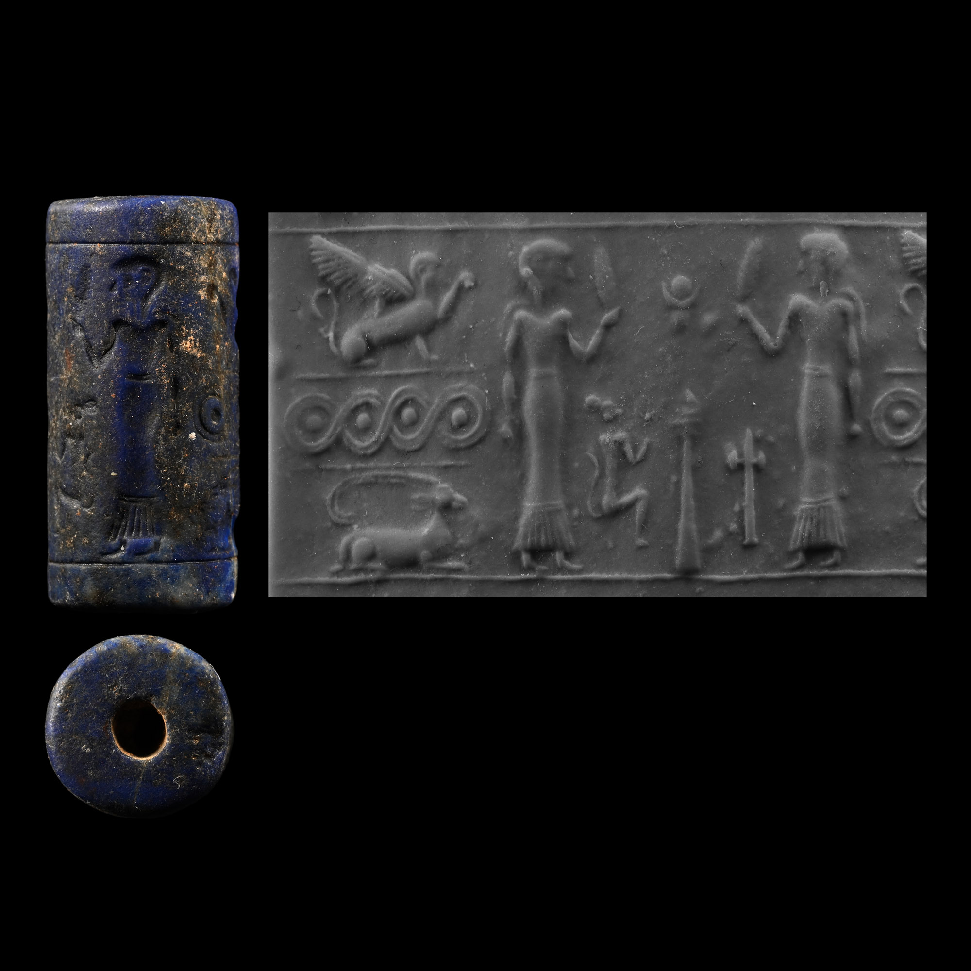 Mesopotamian Lapis Lazuli Cylinder Seal with Worship Scene