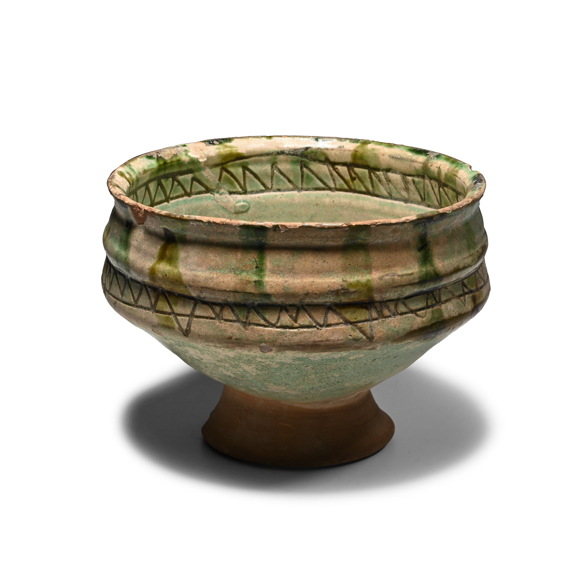 Byzantine Green Glazed Sgraffito Footed Bowl