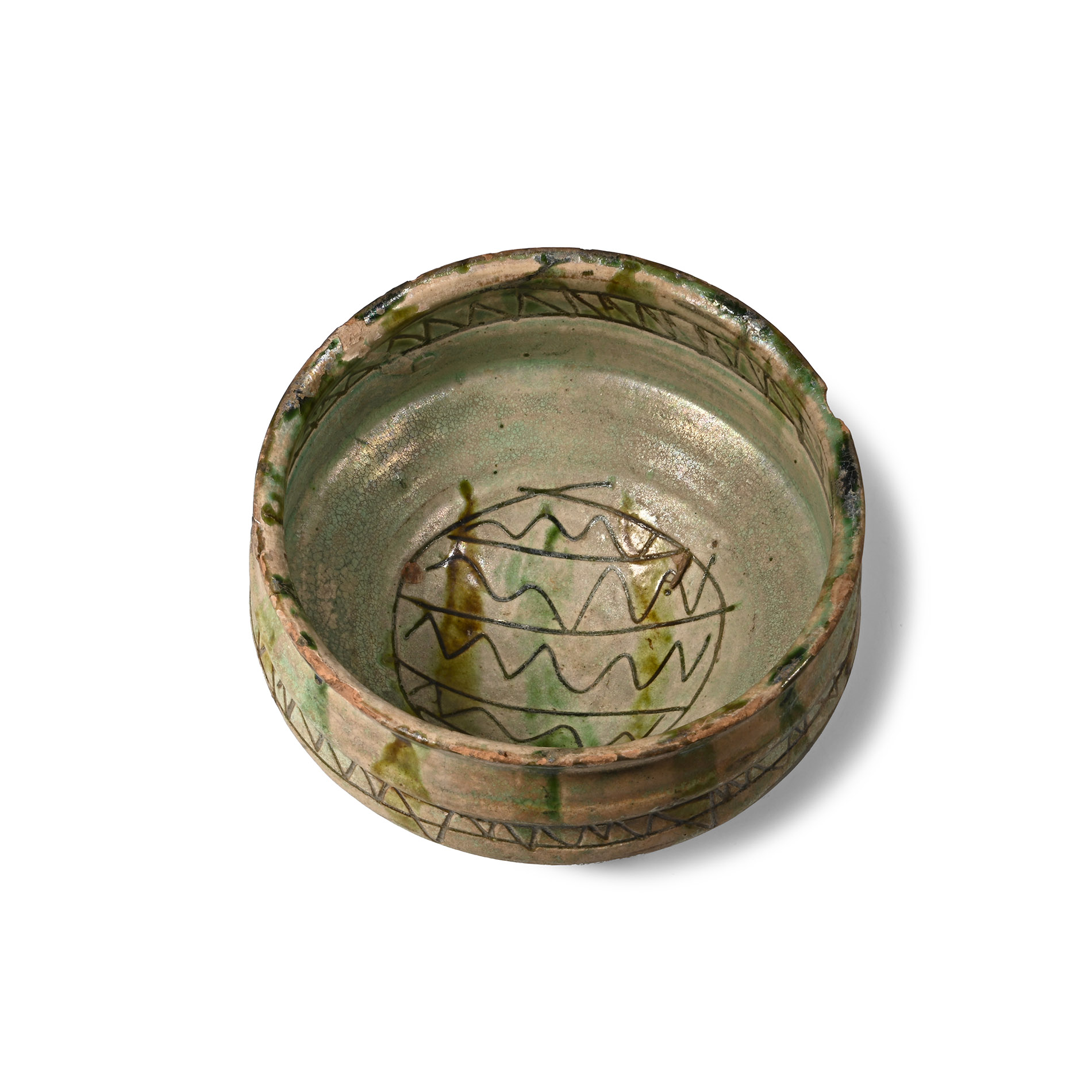 Byzantine Green Glazed Sgraffito Footed Bowl