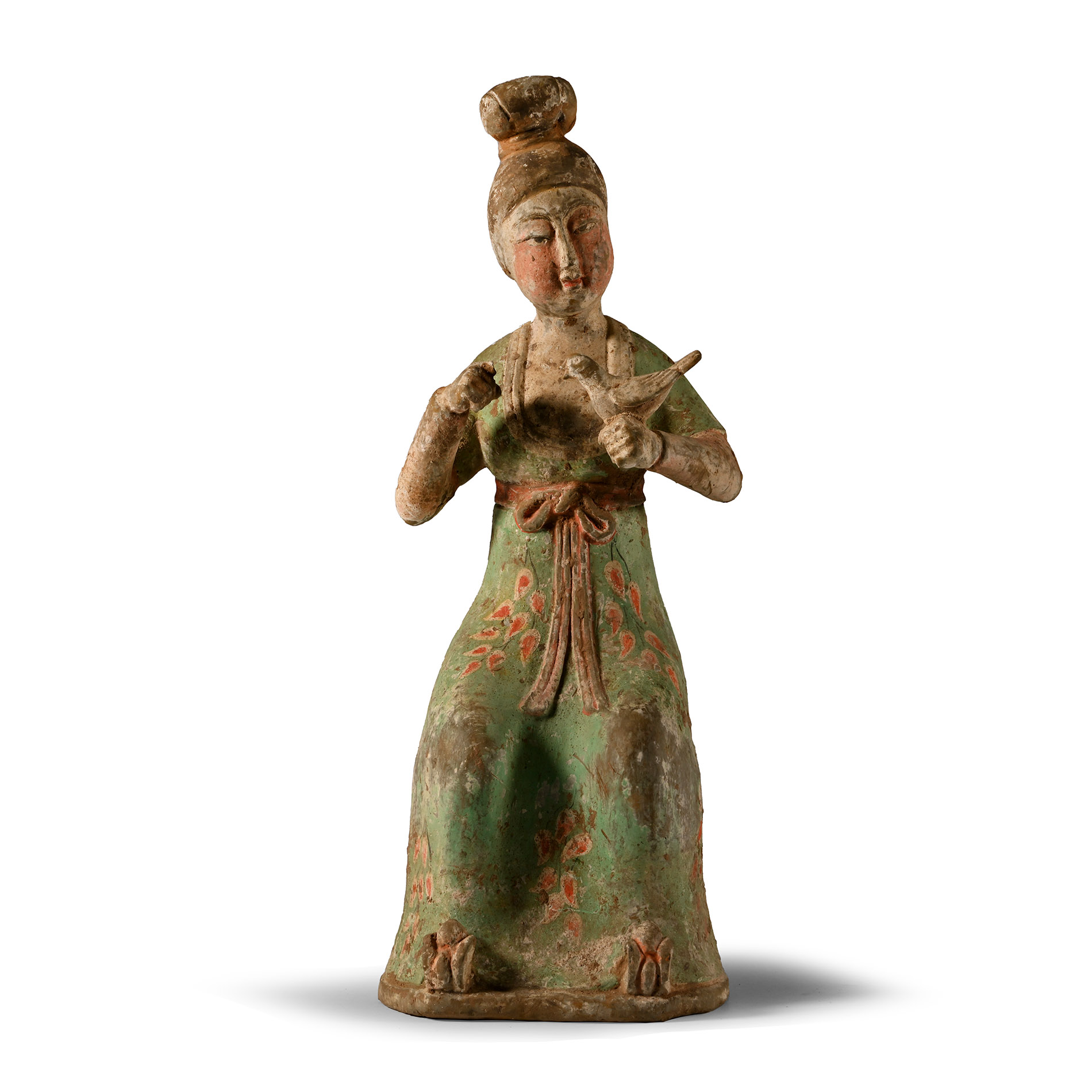 Chinese Tang Terracotta Seated Court Lady Figure with Bird