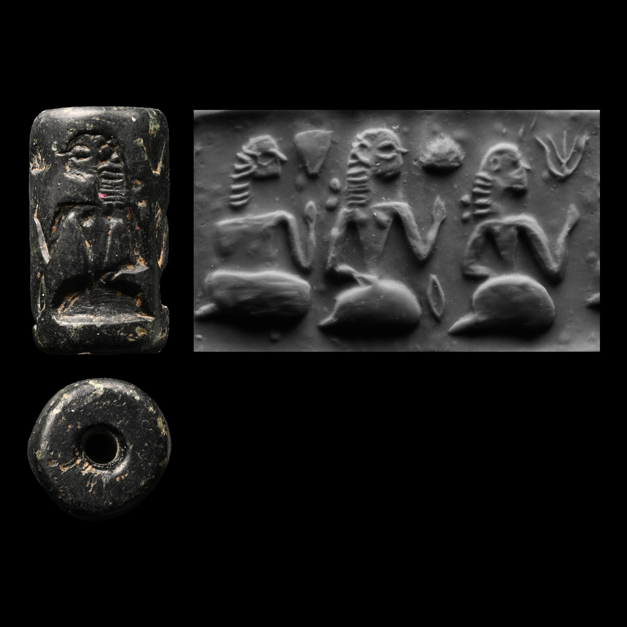 Sumerian Black Stone Cylinder Seal with Female Figures