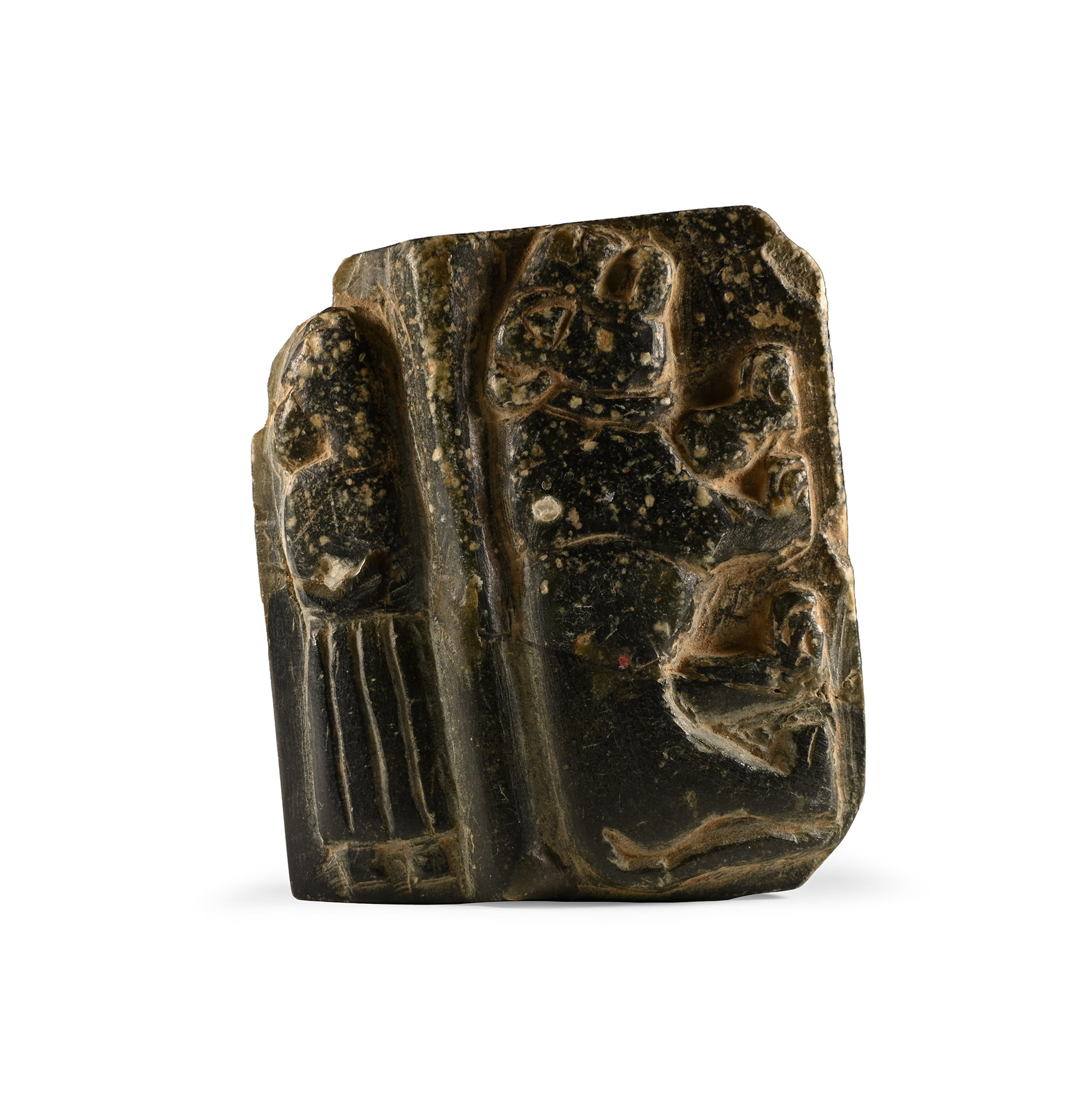 Mesopotamian Black Stone Seal with Lion and Male Figure