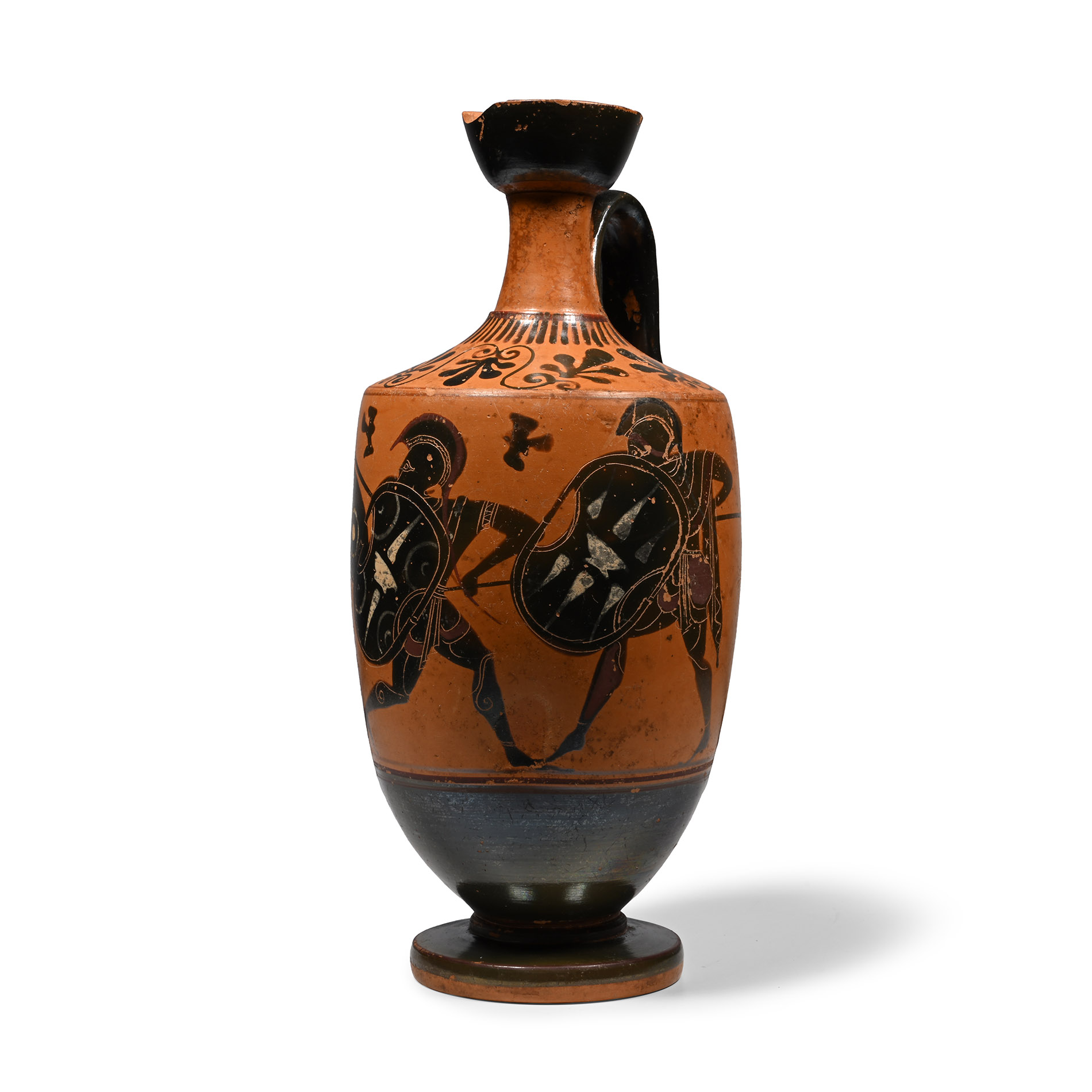 Greek Attic black-figure lekythos with three hoplites in combat