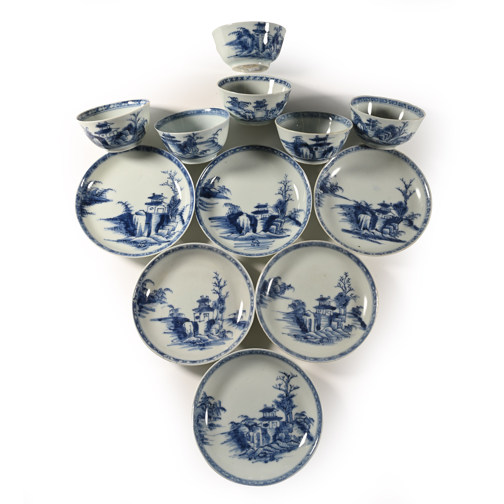 Nanking Cargo Shipwreck Glazed Blue and White Tea Bowl and Dish Set of Six