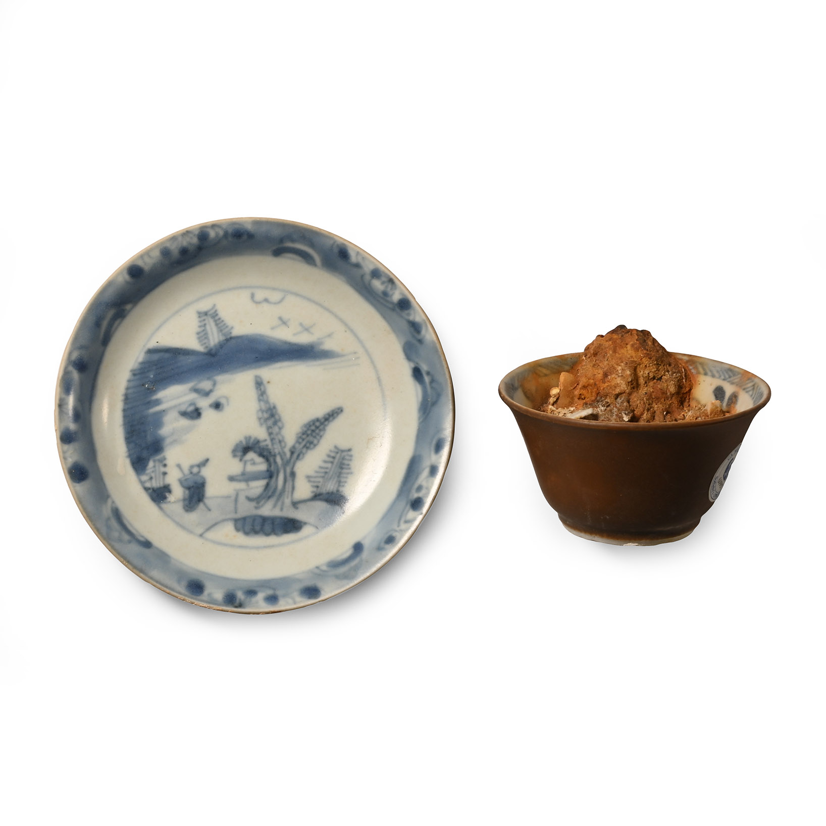 Ca Mau Cargo Shipwreck Glazed Blue and White Tea Bowl and Dish Set