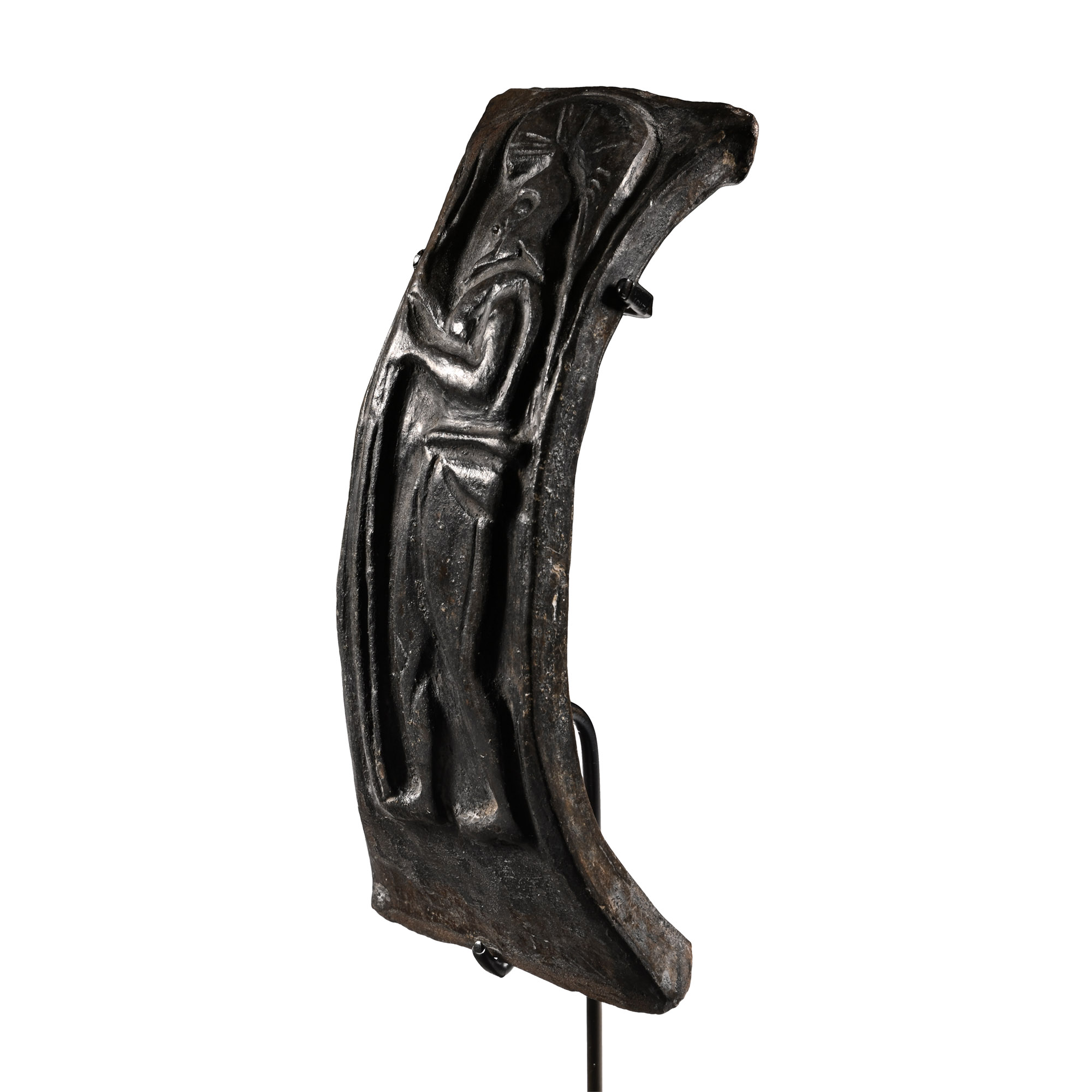 Etruscan Bucchero Ware Pottery Handle Depicting a Warrior