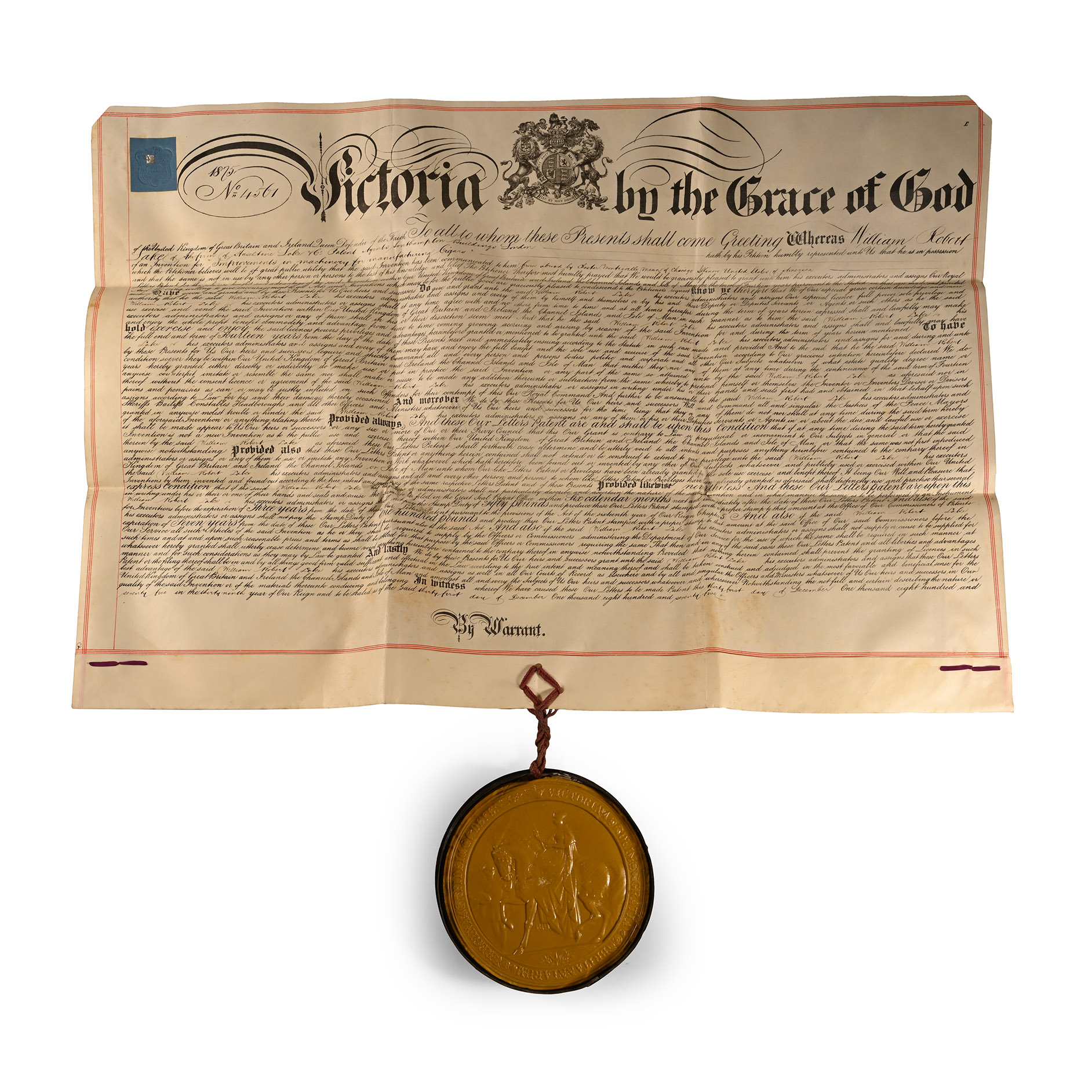 Victorian Boxed Cigar Machine Patent with Royal Seal