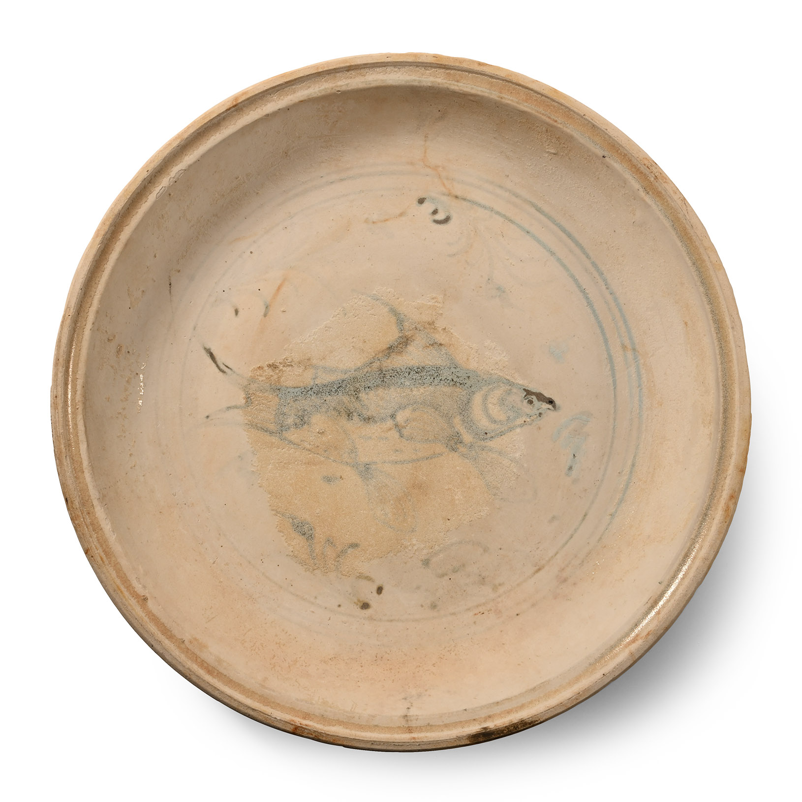 Large Hoi An Shipwreck Glazed Blue and White Bowl with Fish