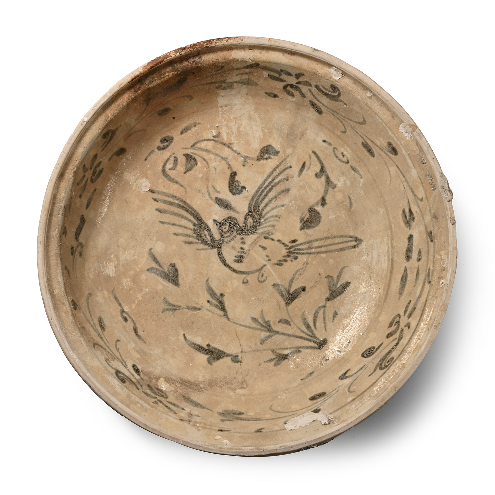 Large Hoi An Shipwreck Glazed Blue and White Bowl with Bird