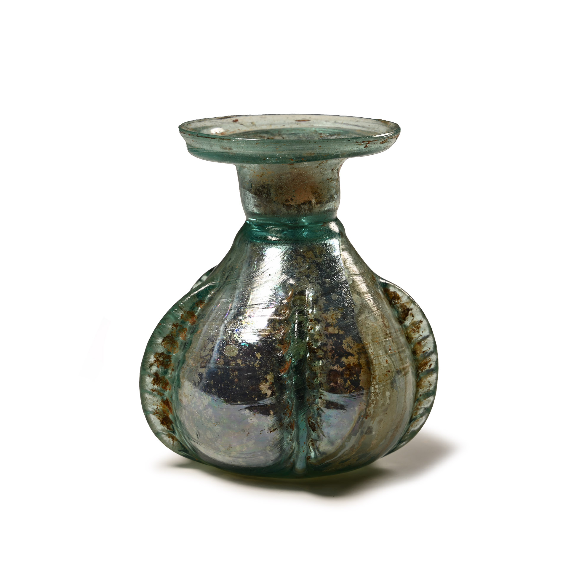 Western Asiatic Iridescent Green Glass Sprinkler Flask