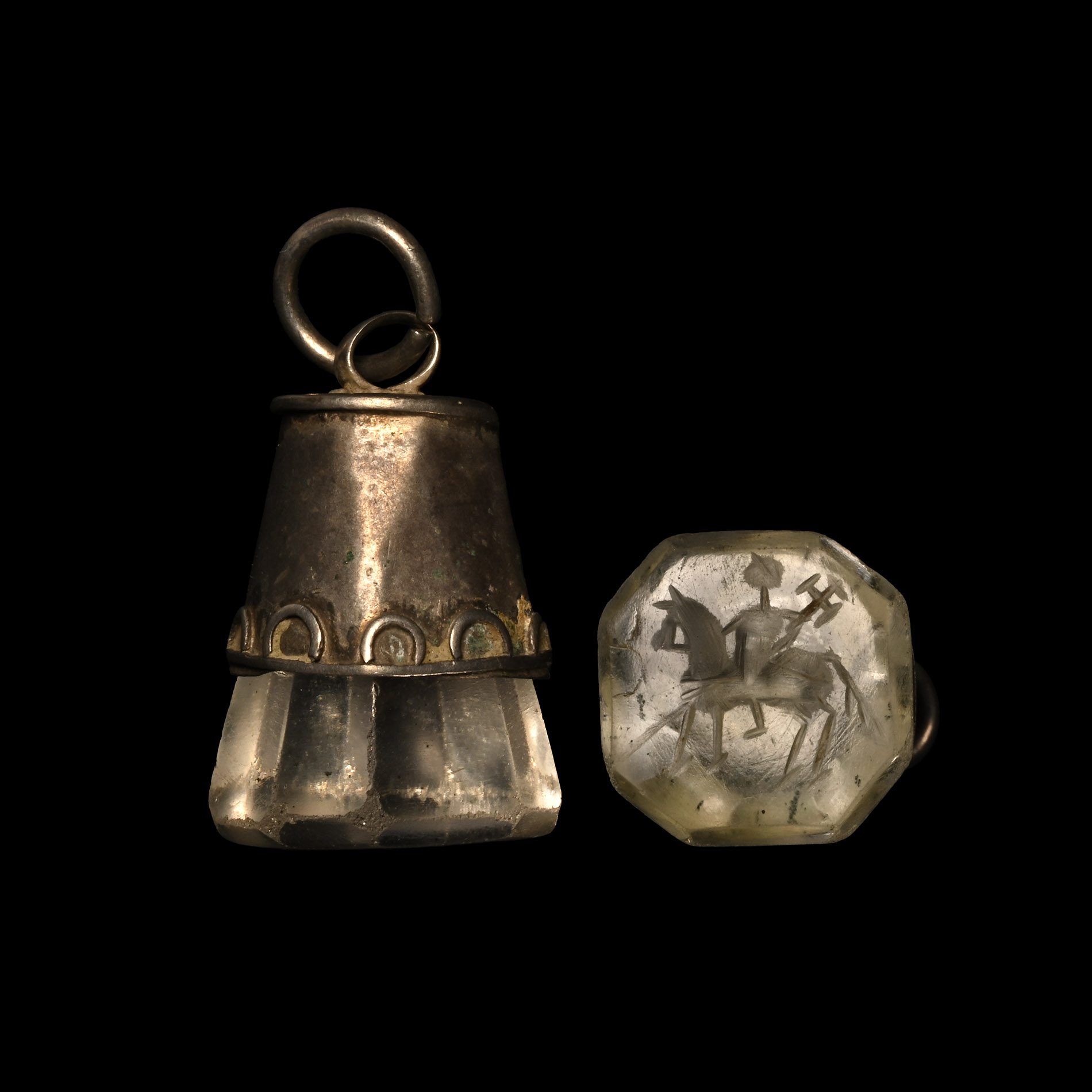 Byzantine Rock Crystal Stamp Seal in Silver Pendant with Military Saint on Horseback