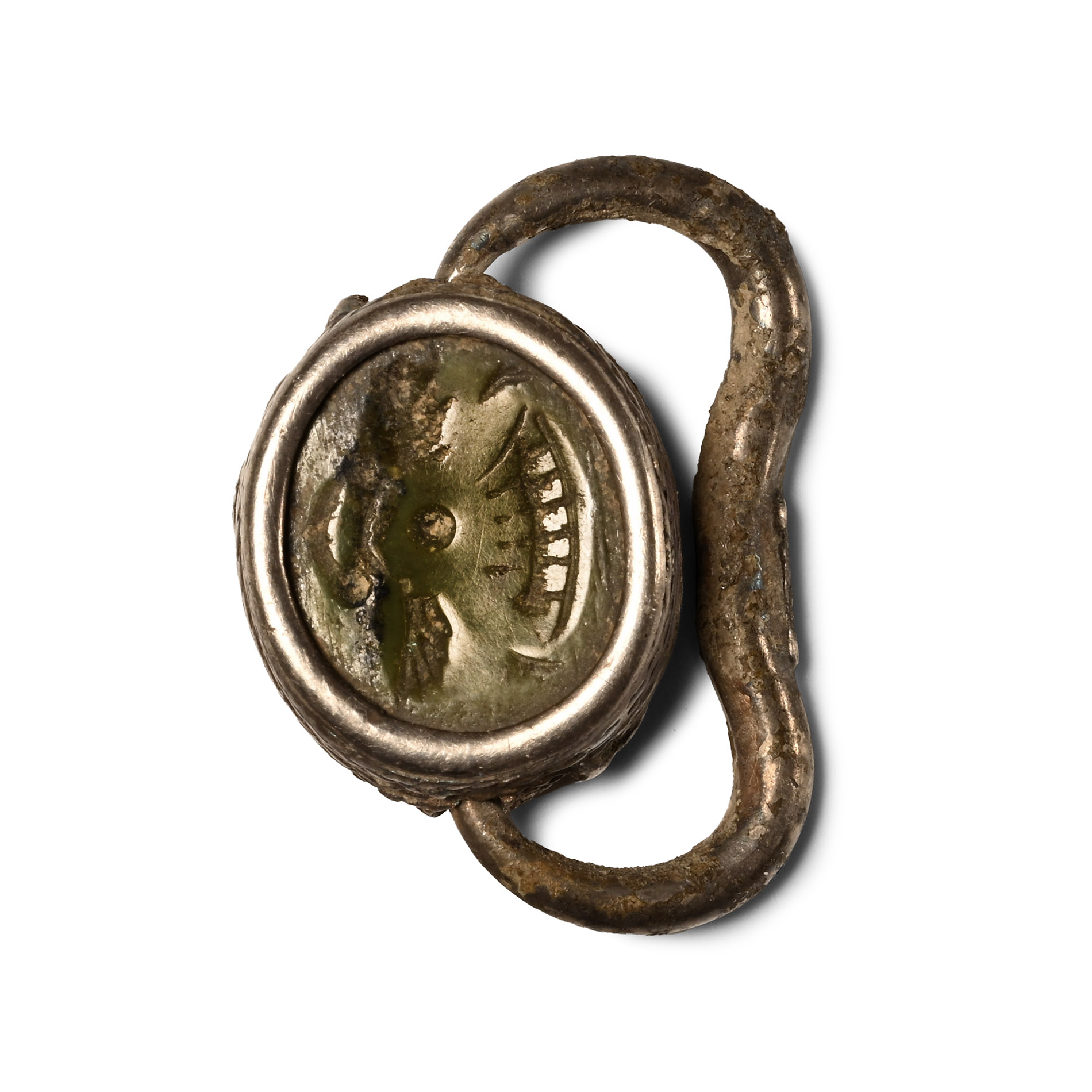 Phoenician Silver Seal with Green Scaraboid Seal
