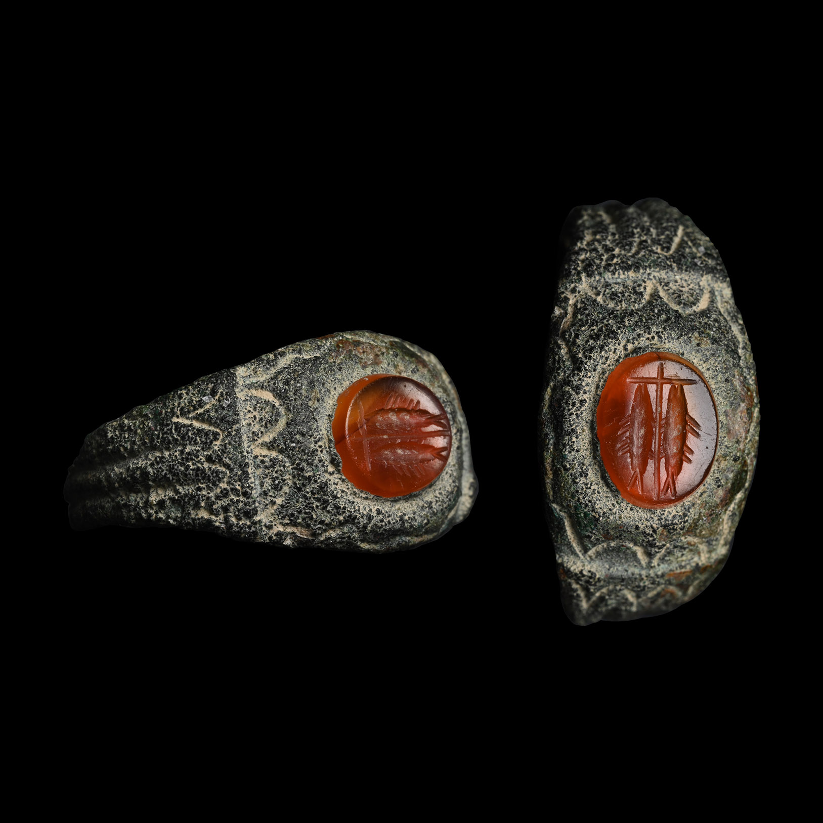 Late Roman Ring with Cross and Fish Gemstone