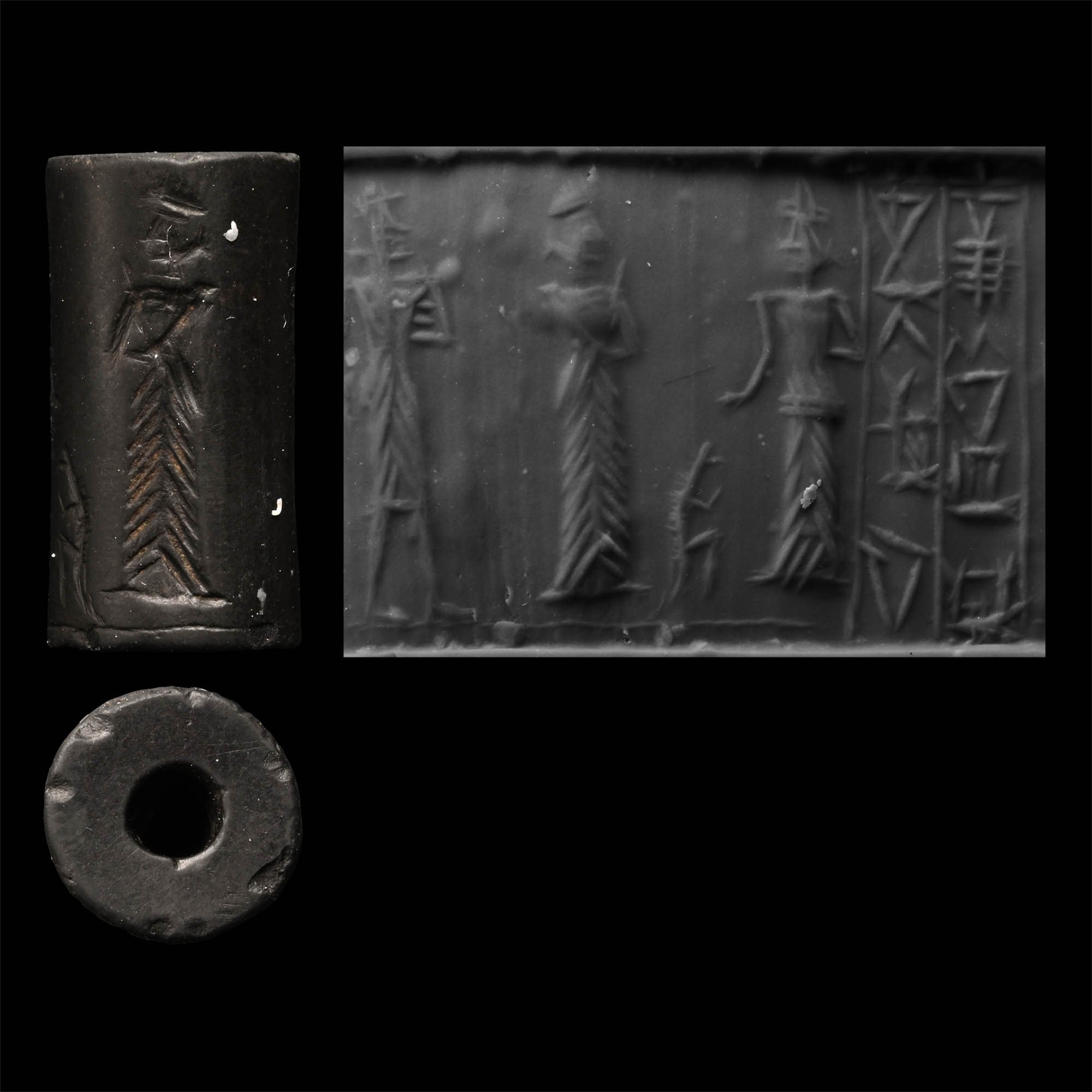 Akkadian Black Stone Cylinder Seal with Presentation Scene