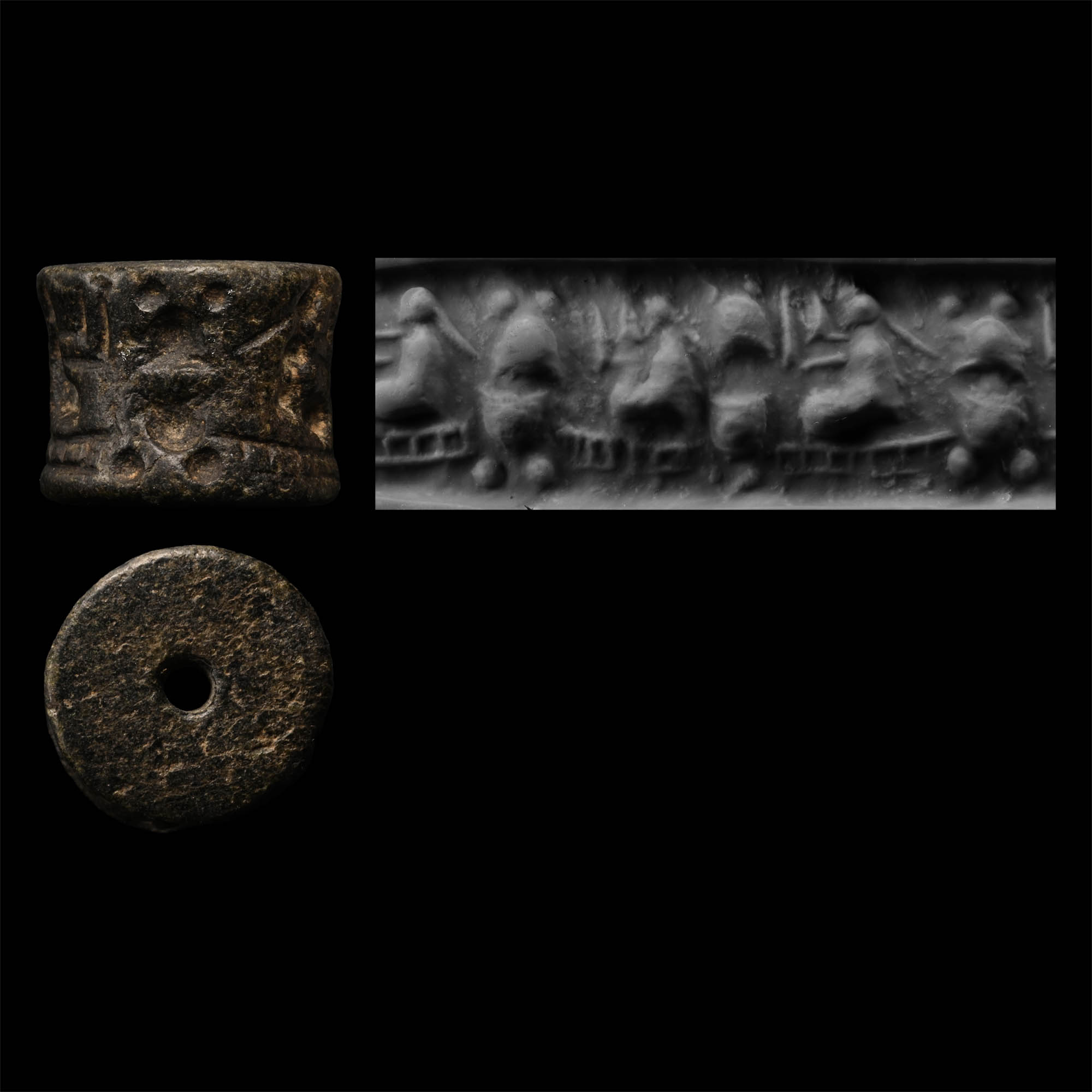 Jemdet Nasr Black Stone Cylinder Seal with Worshipping Figures