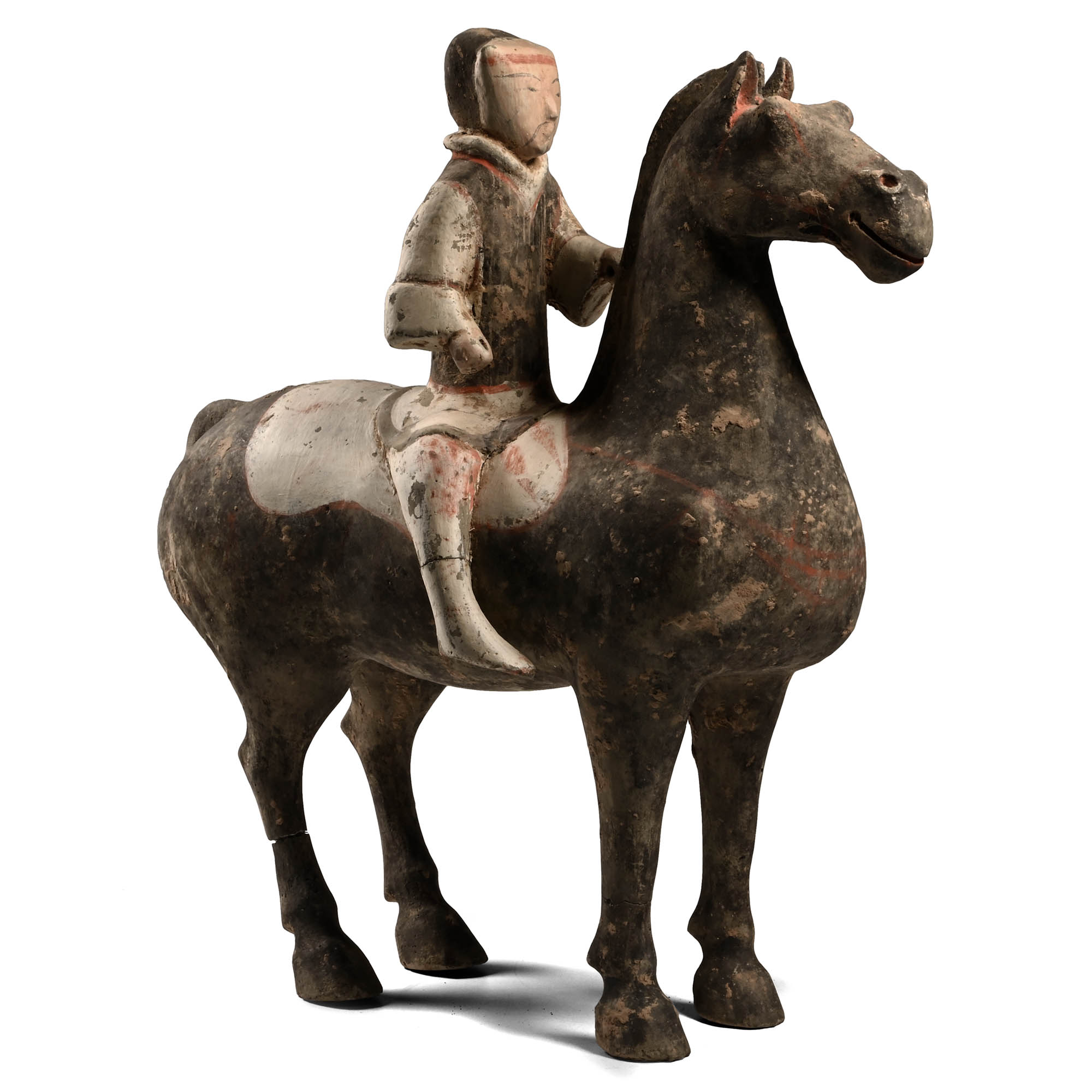 Chinese Han Polychrome Terracotta Horse and Rider