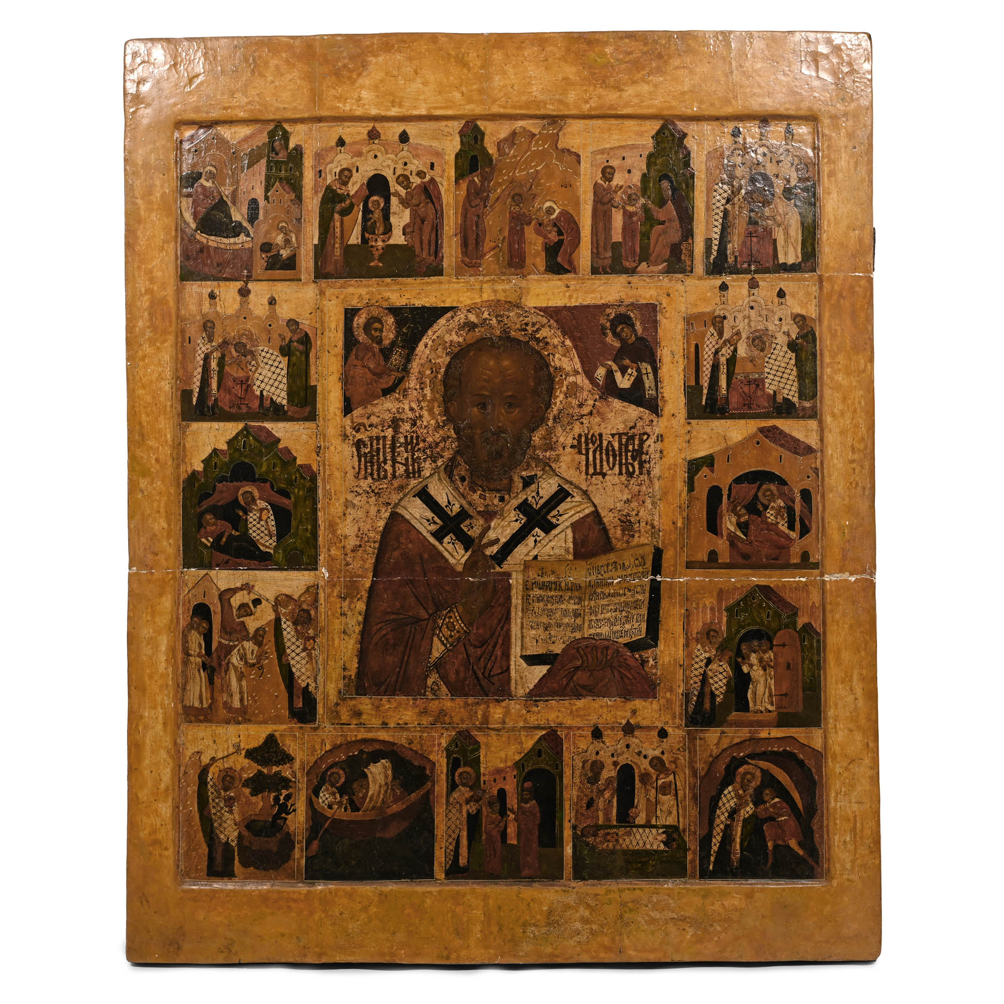 Monumental Wooden Russian Icon of Life of St. Nicolas