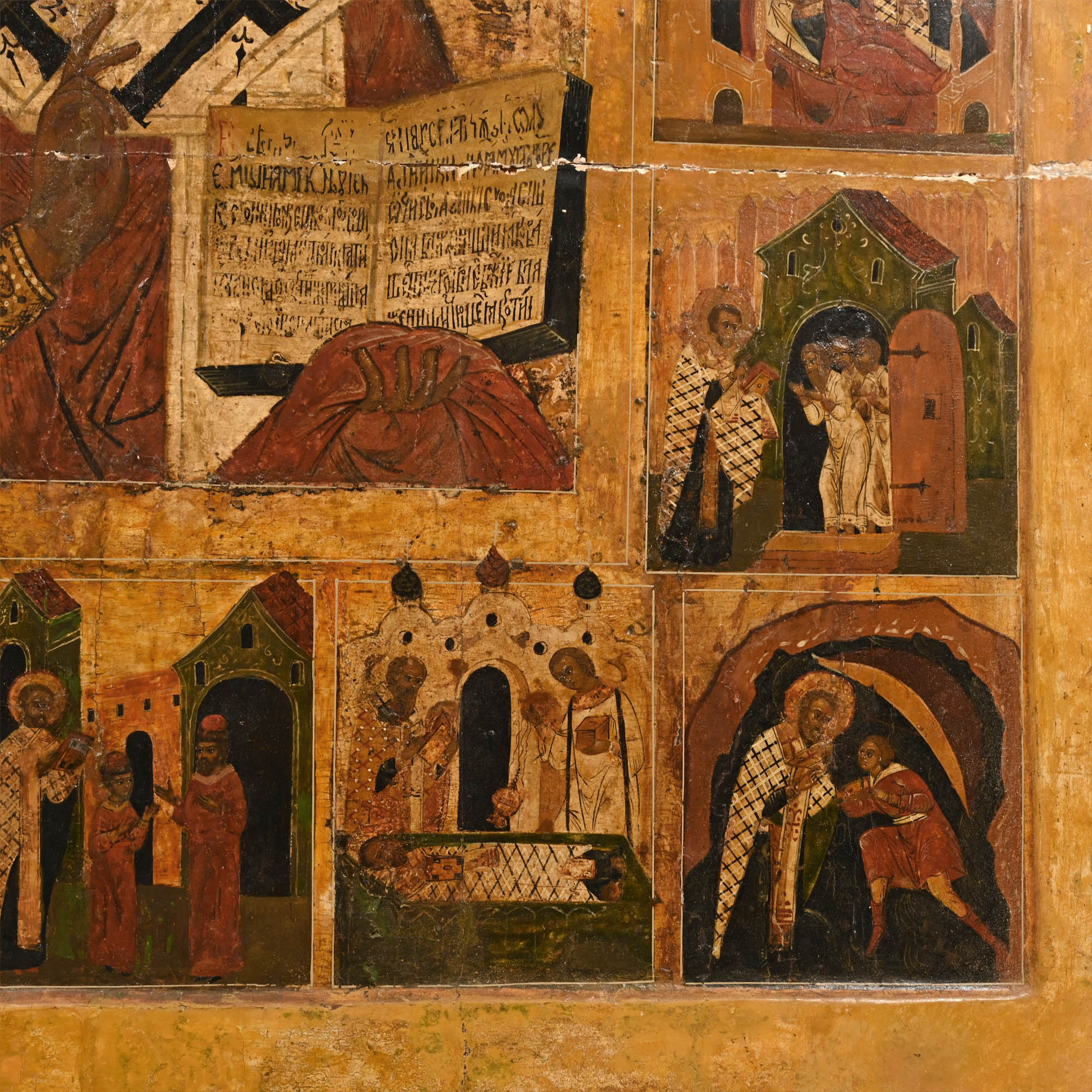Monumental Wooden Russian Icon of Life of St. Nicolas
