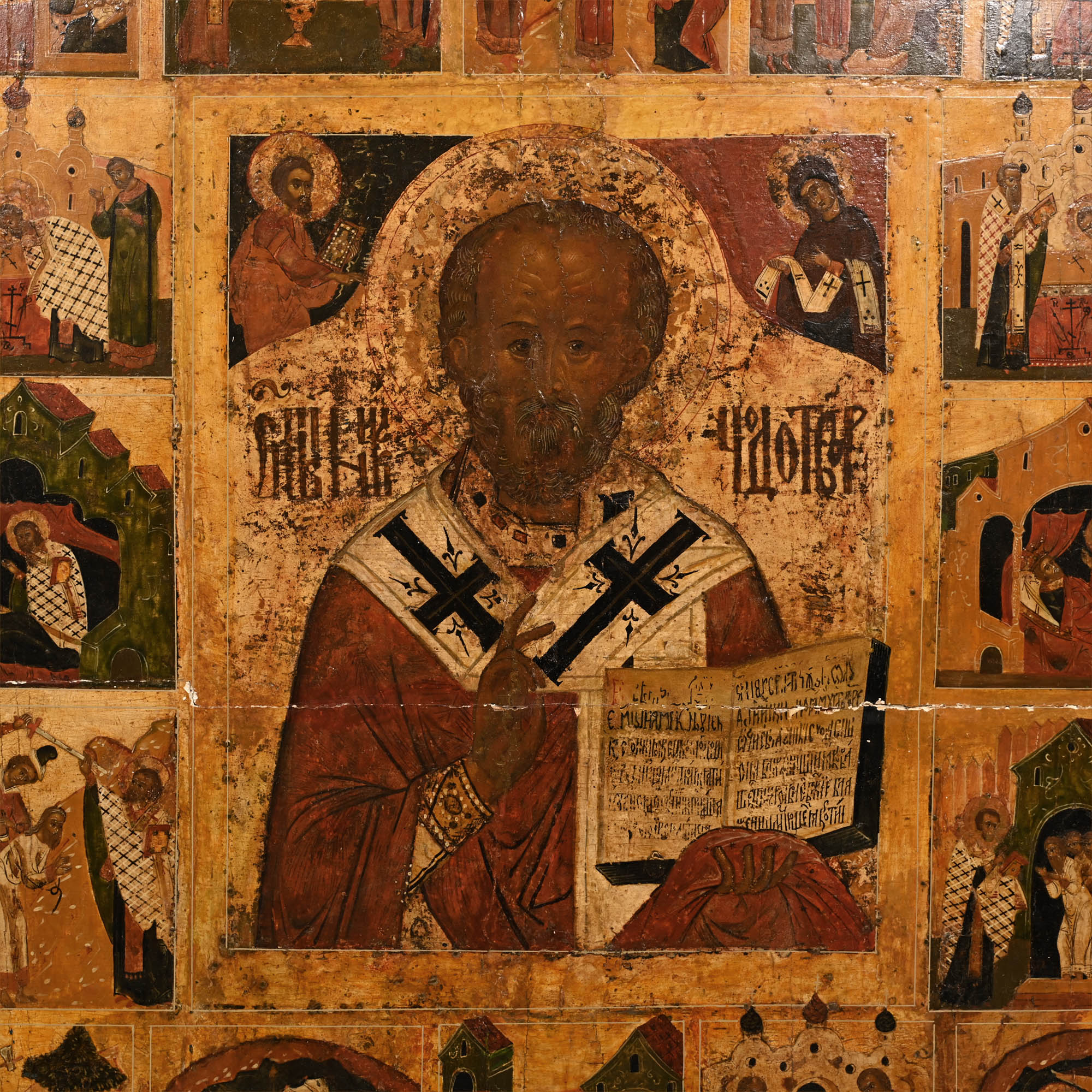Monumental Wooden Russian Icon of Life of St. Nicolas