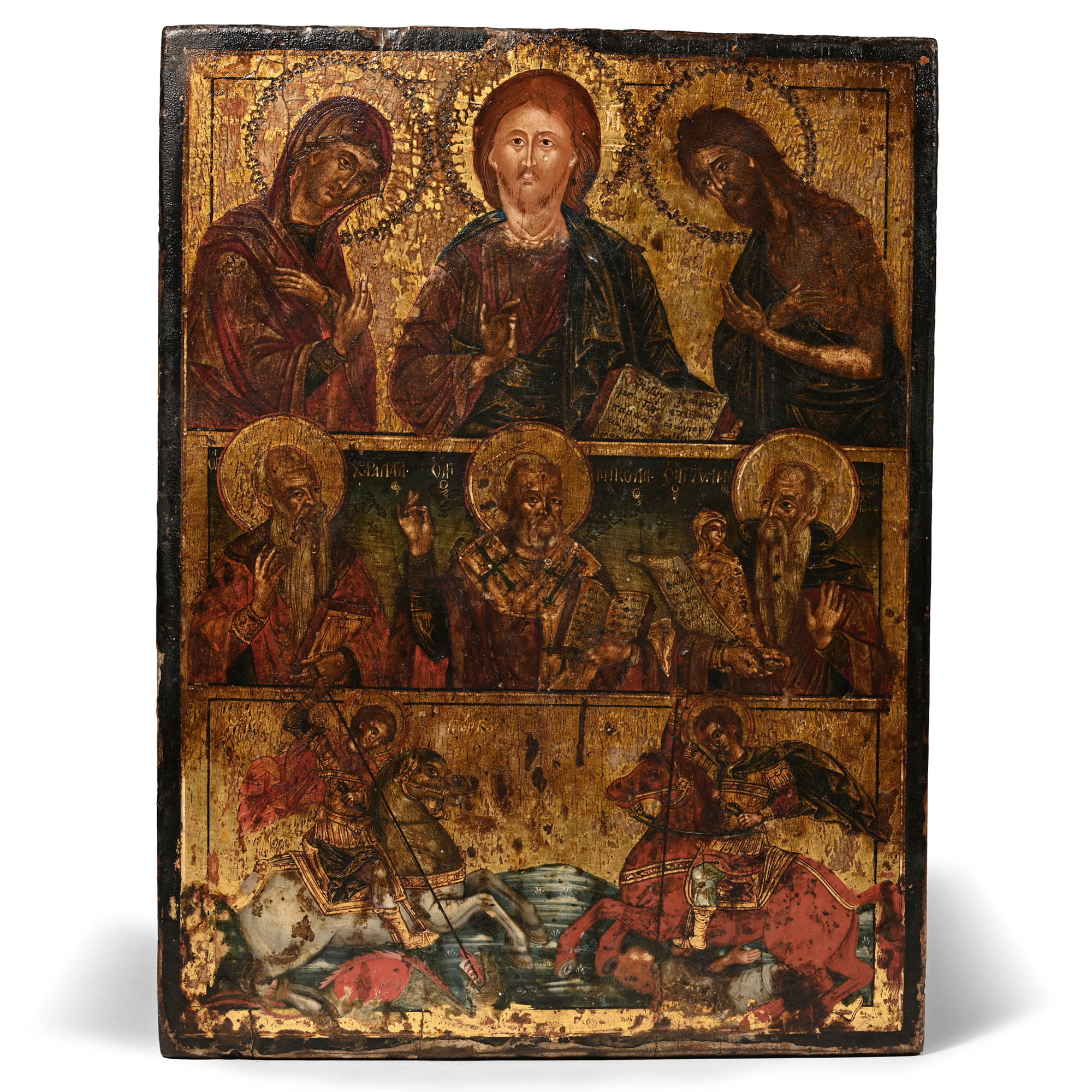 Greek Wooden Icon of Deisis with Saints George and Demetrius
