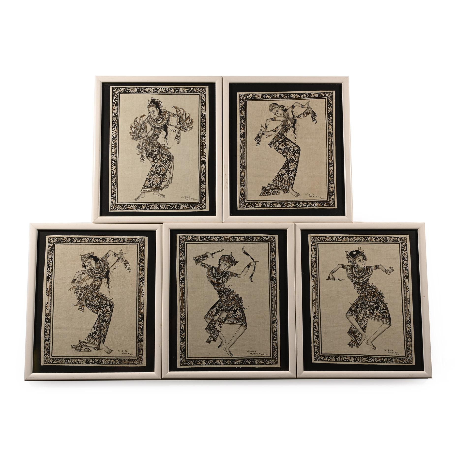 Set of Five Framed Indonesian Temple Dancers Painted on Linen