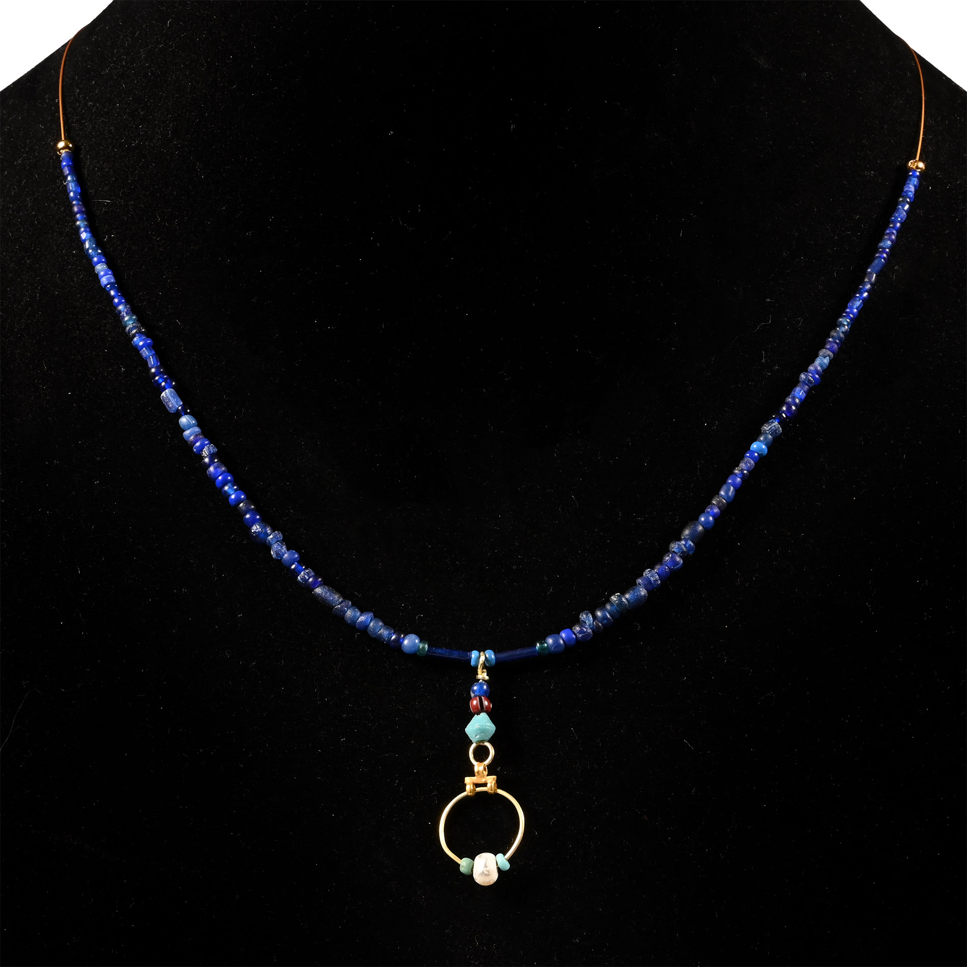 Roman Blue Glass Bead Necklace with Gold and Bead Pendant