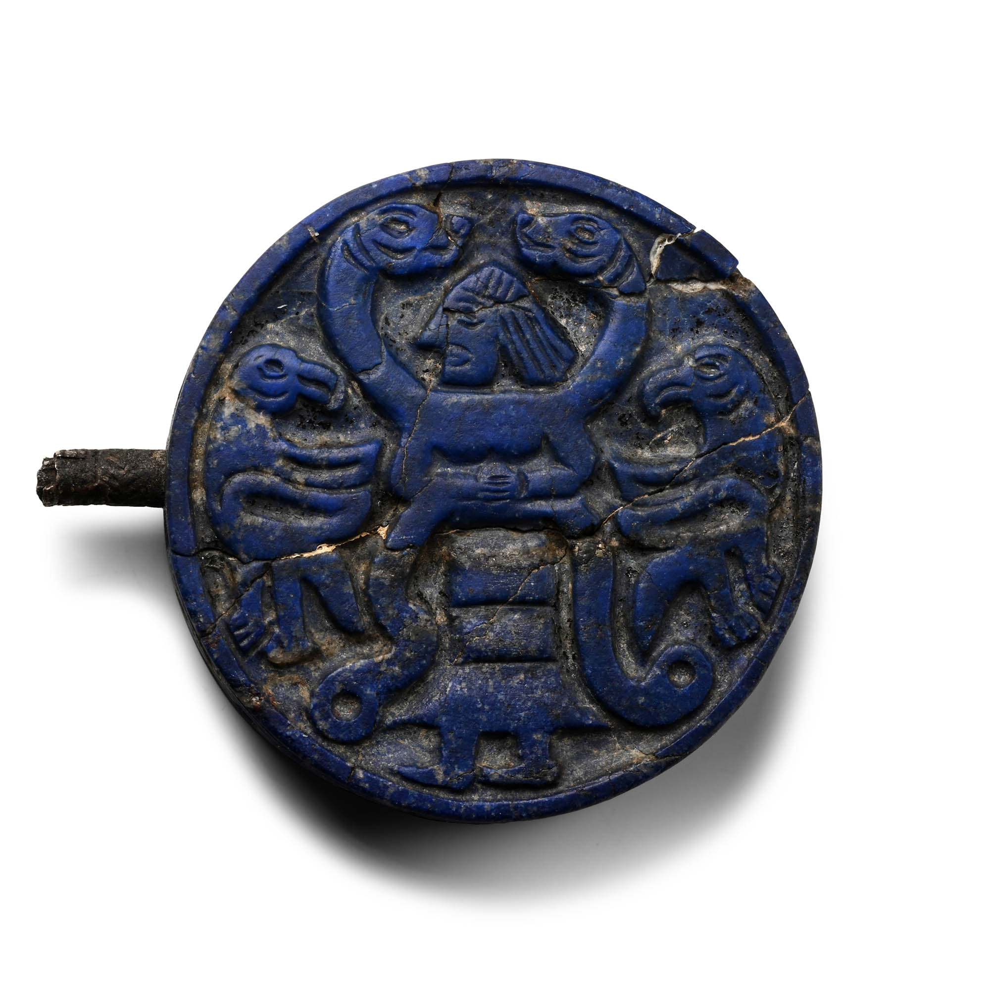 Bactrian Lapis Lazuli Pin Head with Figures