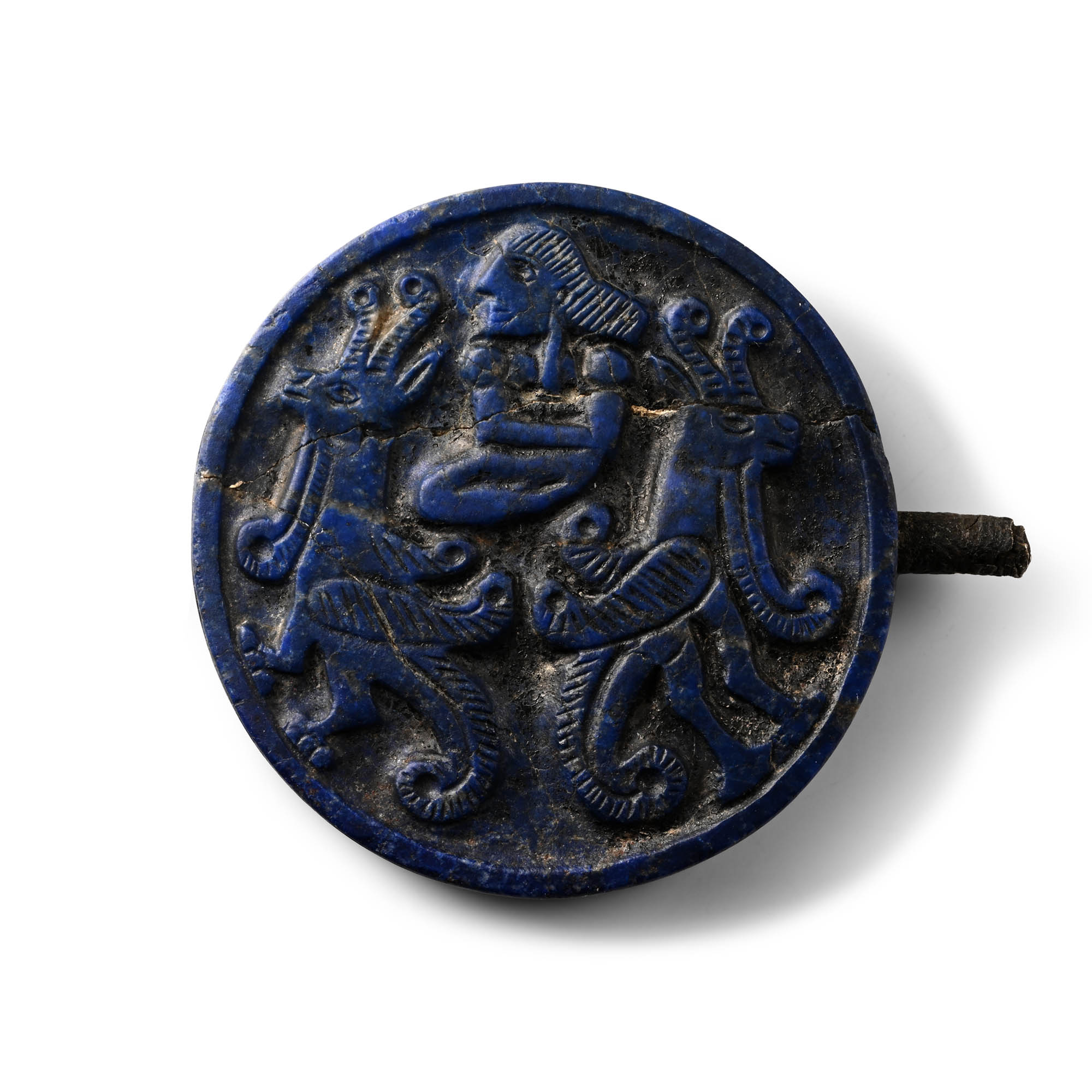 Bactrian Lapis Lazuli Pin Head with Figures