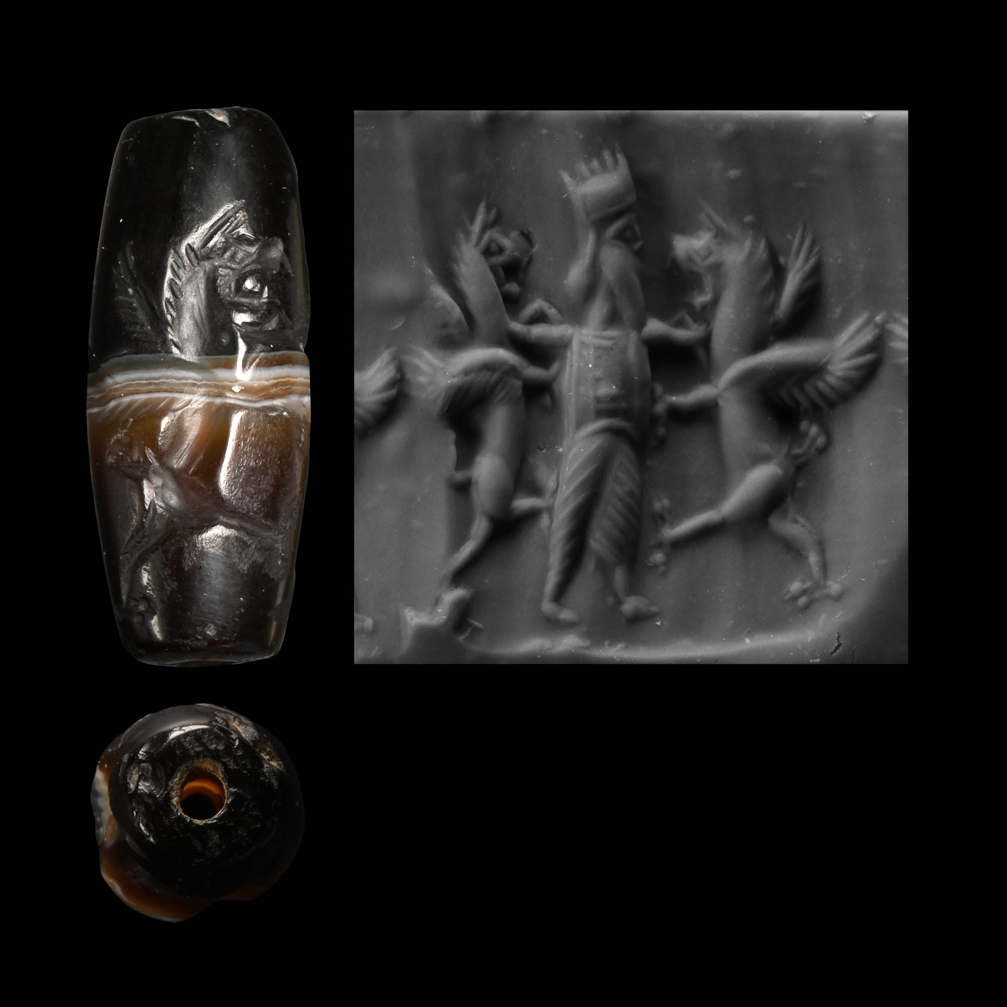 Achaemenid Banded Agate Cylinder Seal with King Grasping Rampant Winged Lions